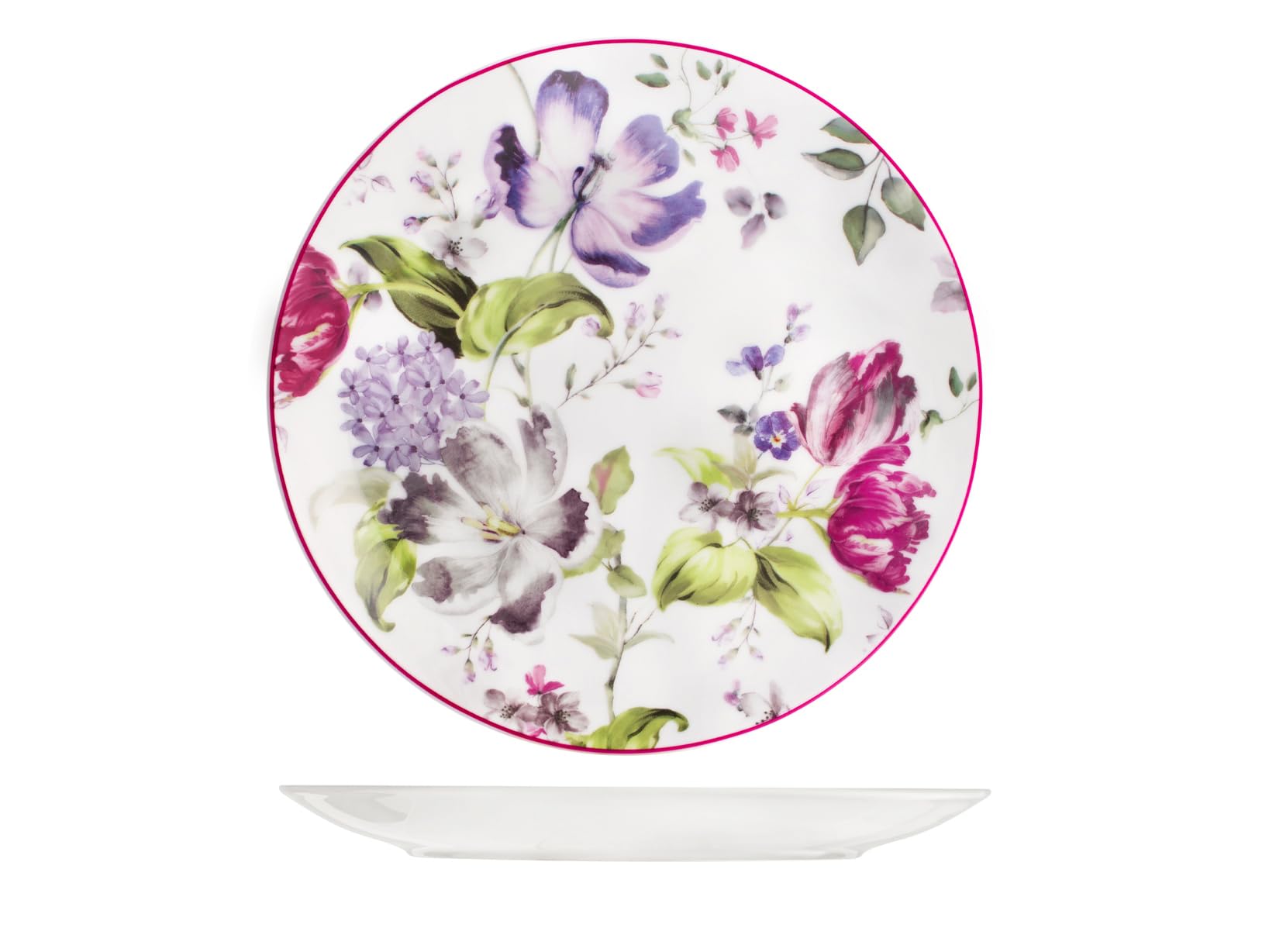 H&H Madam Set 12 Piatti Piani, Porcellana, Decoro Floreale, Bianco, 27cm