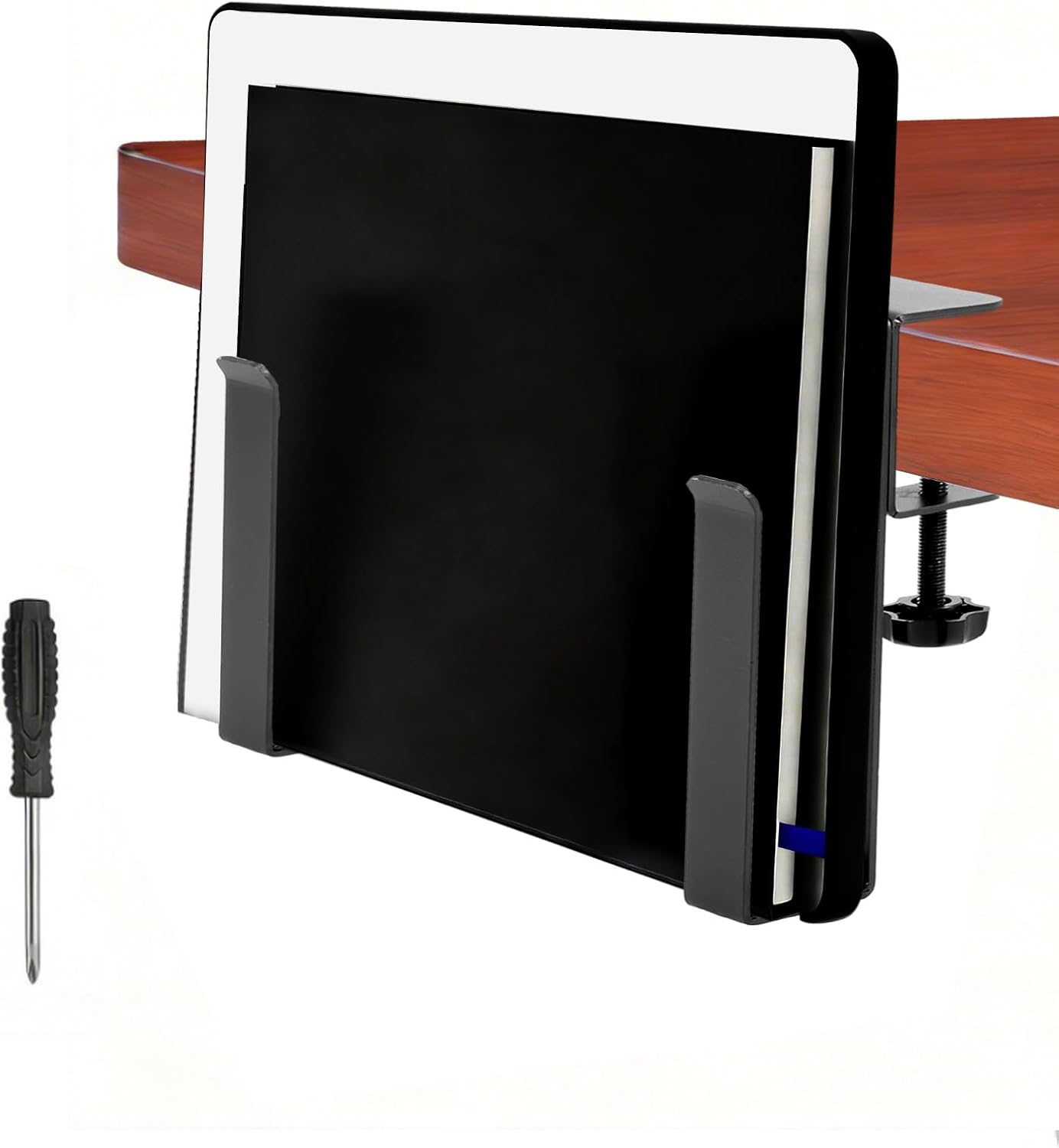 Desk Side Laptop Mount Metal Hanging Desk Side Storage, No Drilling Siding Table Organizer for Office Home Tablets,Laptop Holder Vertical(black-1-monolayer)