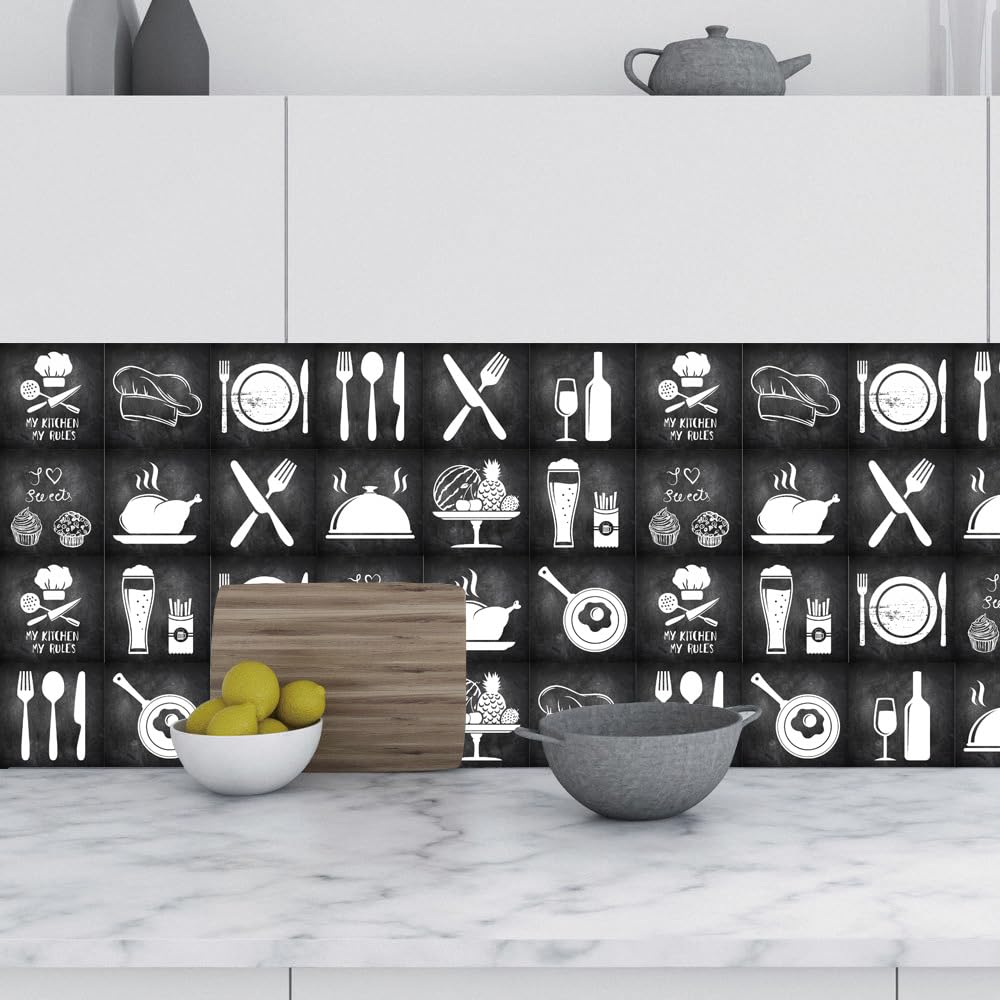 Autocollants Carrelage Style Marbre Noir - 24 Stickers Pour Cuisine/SDB