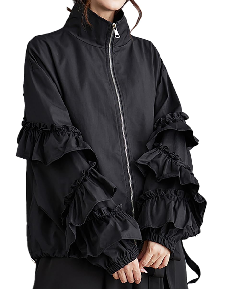 ellazhu Manteau Femme Trench Col Montant Manches Longues Surdimensionné Fermeture Éclair Poches Latérales Unie à Volants Vêtement d’extérieur GZ638 A