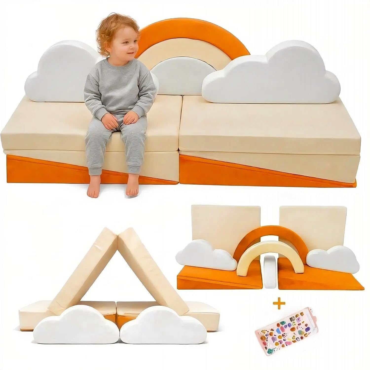 Kinder Spielsofa – 11-TLG. Modulares Kindersofa 140x65x63 cm, Samtbezug wasserabweisend, 25D PU-Schaum, Spielcouch fürs Kinderzimmer, CE EN71 & OEKO-TEX, Kinder Sofa Inkl. Sticker Geschenk