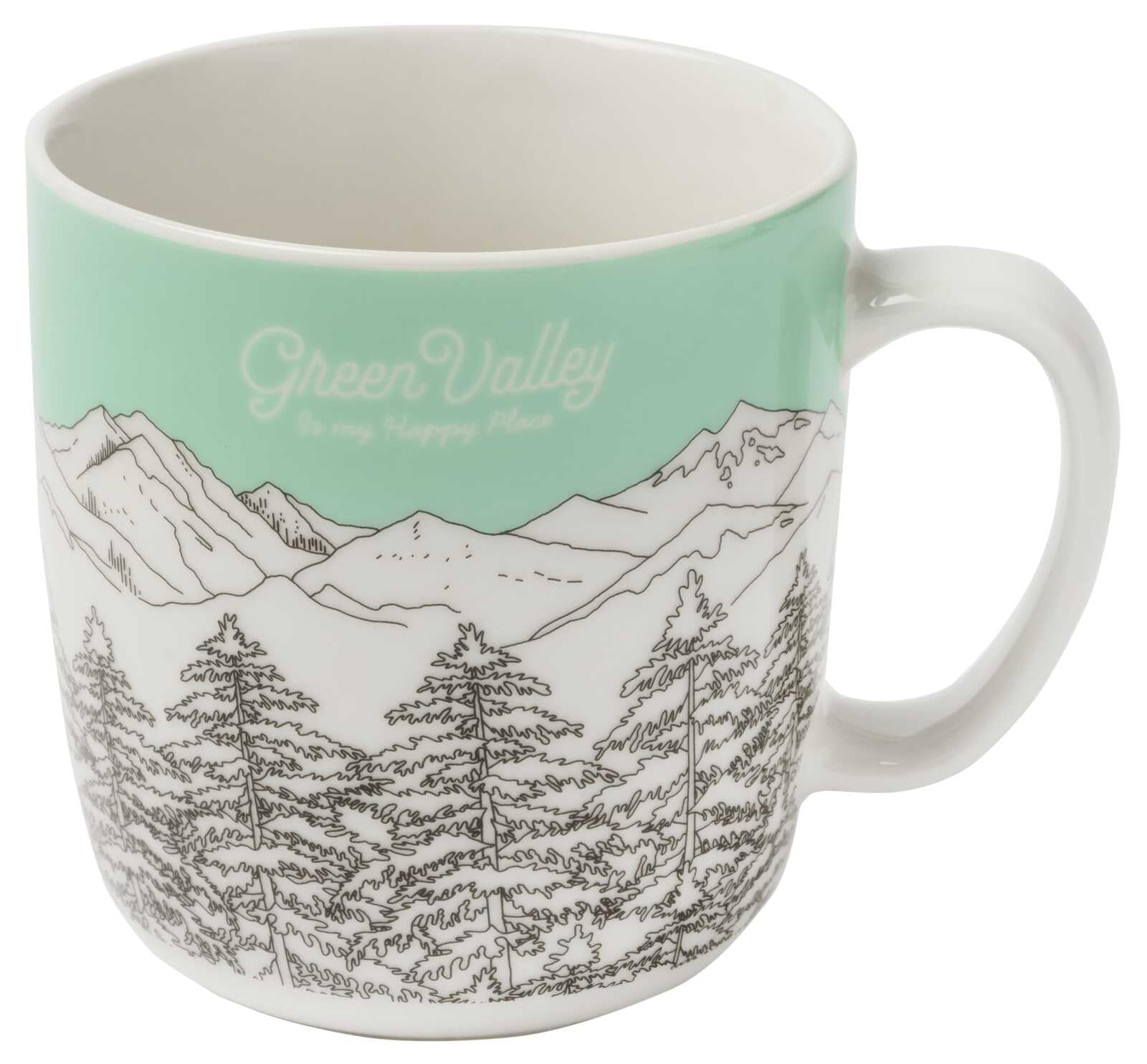 Green Valley Mug 'Whispering Pines': Cozy Mugs 4 | Coffee Mug (350 ml) Made of Porcelain with Green Valley Forest Landscape for Cosy Reading Hours - by Lilly Lucas