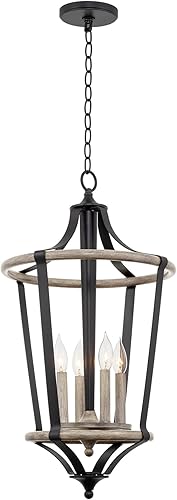 Miniatura 7 de Kira Home Huxley - Lámpara colgante moderna de 28 pulgadas, 4 luces, diseño abierto, estilo madera de roble gris + acabado negro