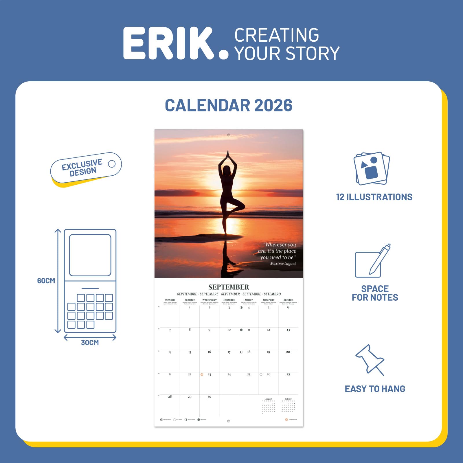 Calendrier Mural 2026 Feng Shui Et Méditation - 30x60 Cm, Papier 140g, Multilingue, De Janvier à Décembre - 7