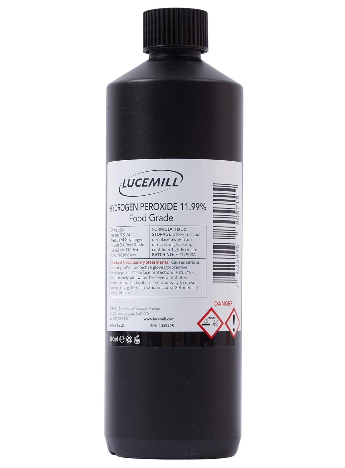 LucemillHydrogen Peroxide 11.99% Food Grade I 500ml I Liquid Hydrogen Peroxide Food Grade I Unstabilised I Eco Friendly I Additive Free