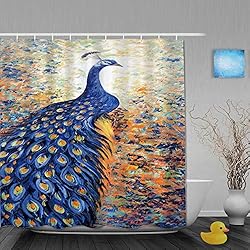 Cortina De Baño Material AYISTELU Cortinas de Ducha,Fondo de Pintura al óleo Moteado de Pavo Real Azul, Cortina de Baño Material de poliéster Resistente al Agua con Ganchos 180 * 210cm