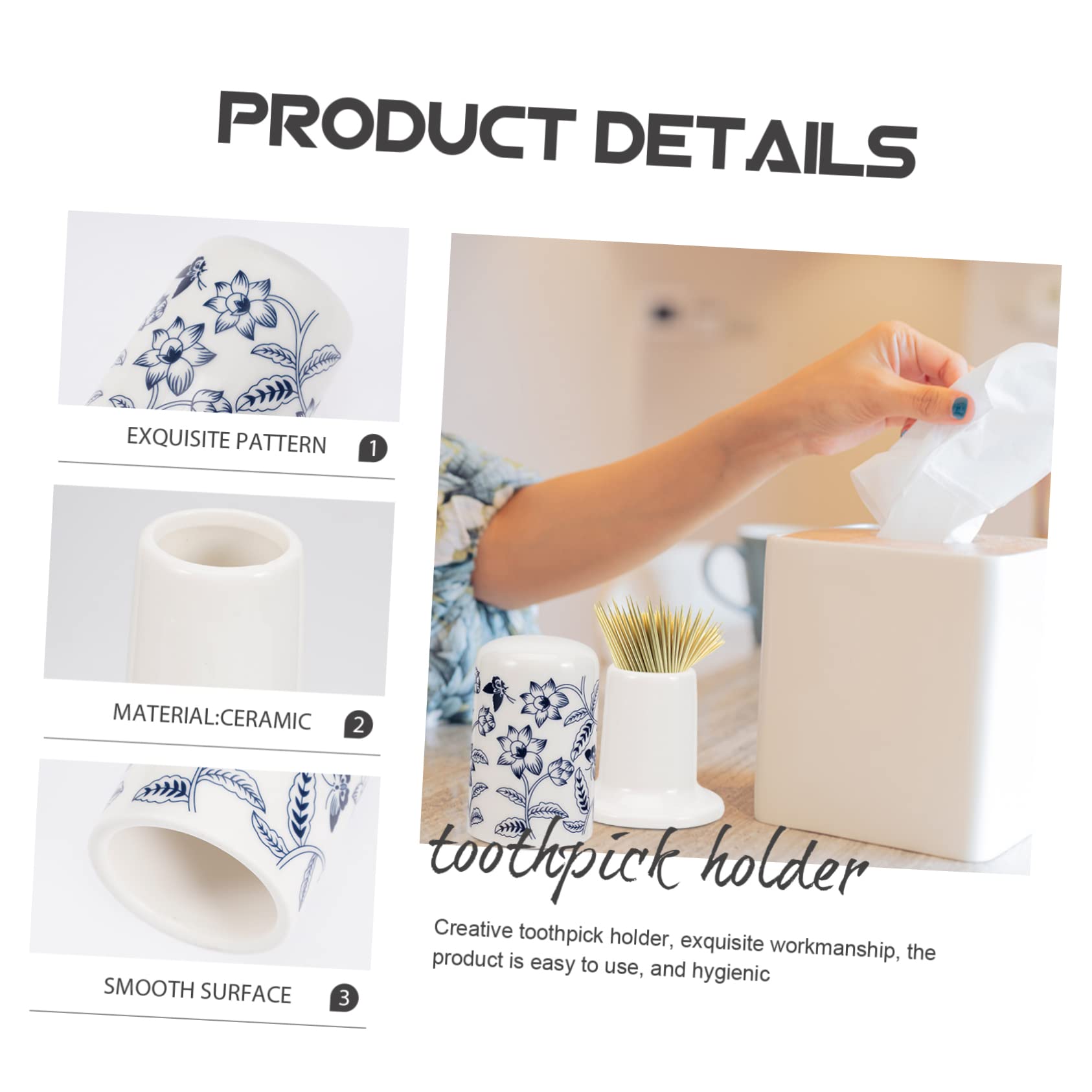 Amosfun Toothpick Dispenser Ceramic Toothpick Holder with Lid Decor for Dining Tables and Kitchen Counters