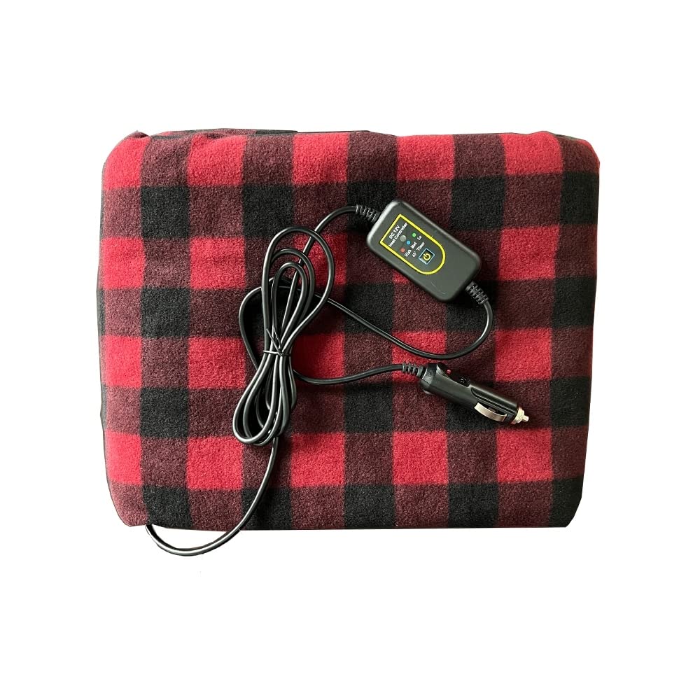 Electric Car Blanket Heated 12 Volt with Switch Fleece Travel Throw for Car and RV-Great for Cold Weather 59 (L) x 43 (W) Black/Red
