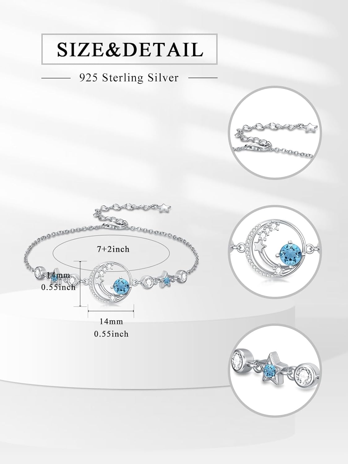 Moon and Star Birthstone Charm Link Bracelet 925 Sterling Silver Moon and Star Bracelet with 12 Months Birthstone Birthday Jewelry Gifts for Women Mom Her,Chain Length 7"+2" Extend