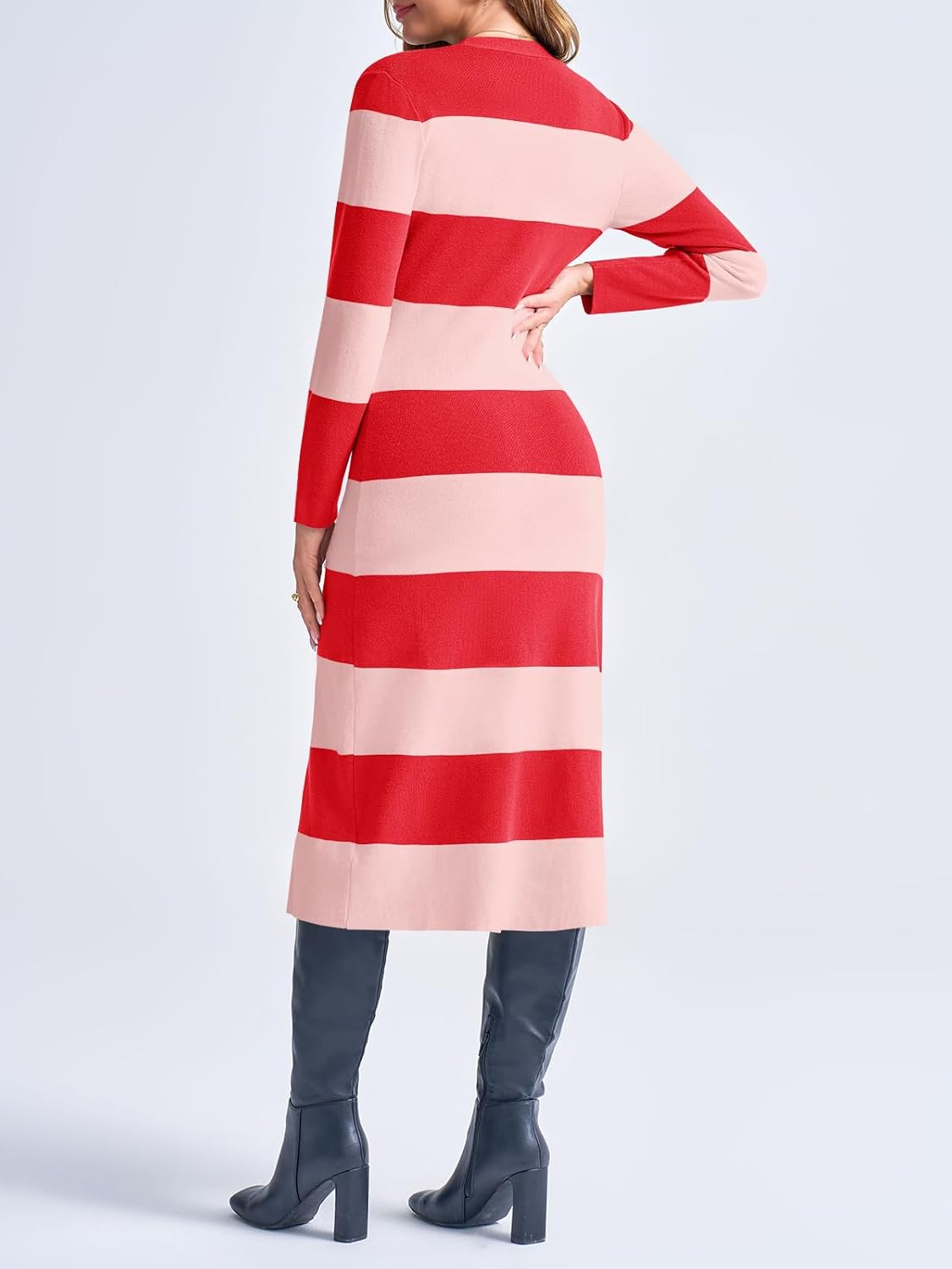Saodimallsu Womens Striped Sweater Dress Button V Neck Long Sleeve Knit Fall Trendy Bodycon Midi Dresses Cardigans