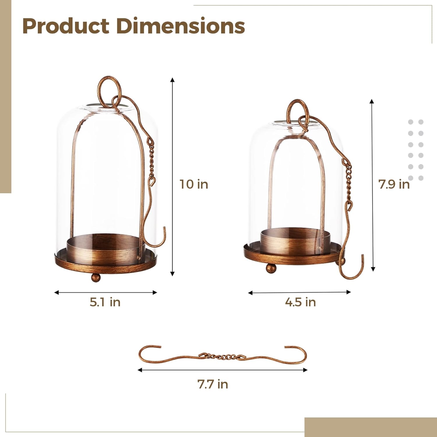2 Pcs Glass Dome Candle Holders with Cloche Cover, Hanging Candle Lanterns with Hooks, Vintage Glass Cloches with Metal Base, Decorative Plant Display Stands for Tabletop, Mantel, Shelf