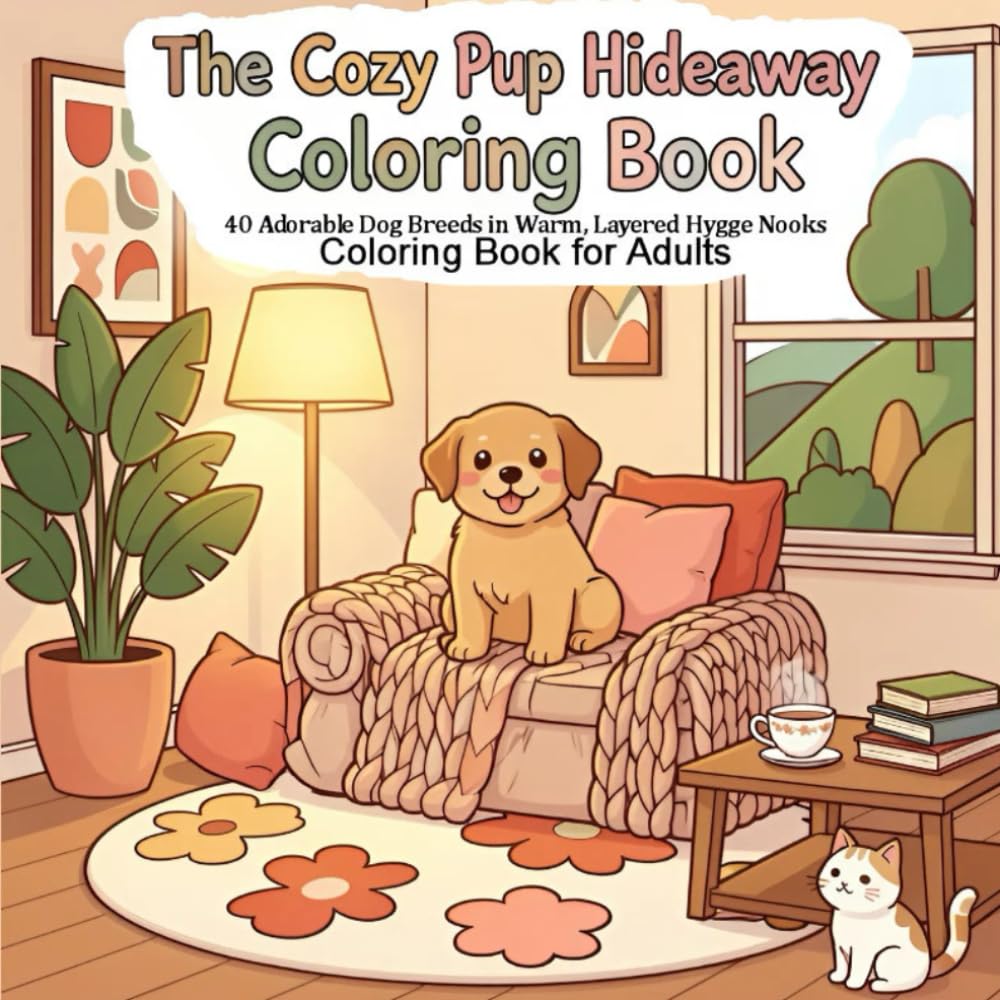 The Cozy Pup Hideaway Coloring Book: 40 Kawaii Dog Breeds in Warm, Layered Hygge Nooks Coloring Book for all Ages