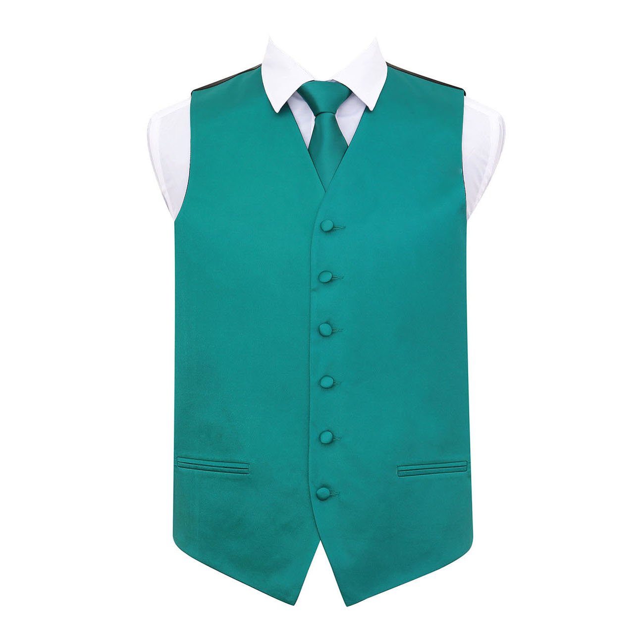 DQT Mens Plain Satin Waistcoat & Tie Set (2pc) - Wedding, Business & Formal - Teal 42" (XL)