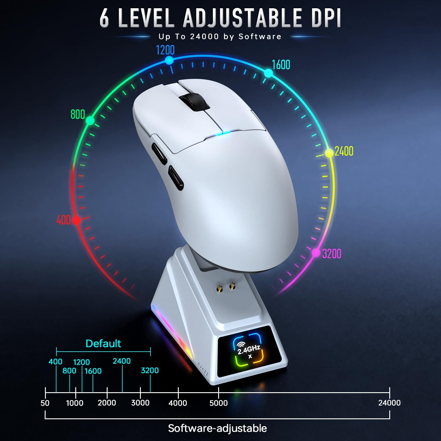 FREEWOLF x A.JAZZ AJ159P MC PRO Mouse da Gaming Wireless, Dock di Ricarica Magnetico con Schermo TFT, Ultra-Leggero 57g, Sensore PAW3311, 24000 DPI, BT/2.4G/USB-C, 20M Click, per PC/MAC (Bianco)