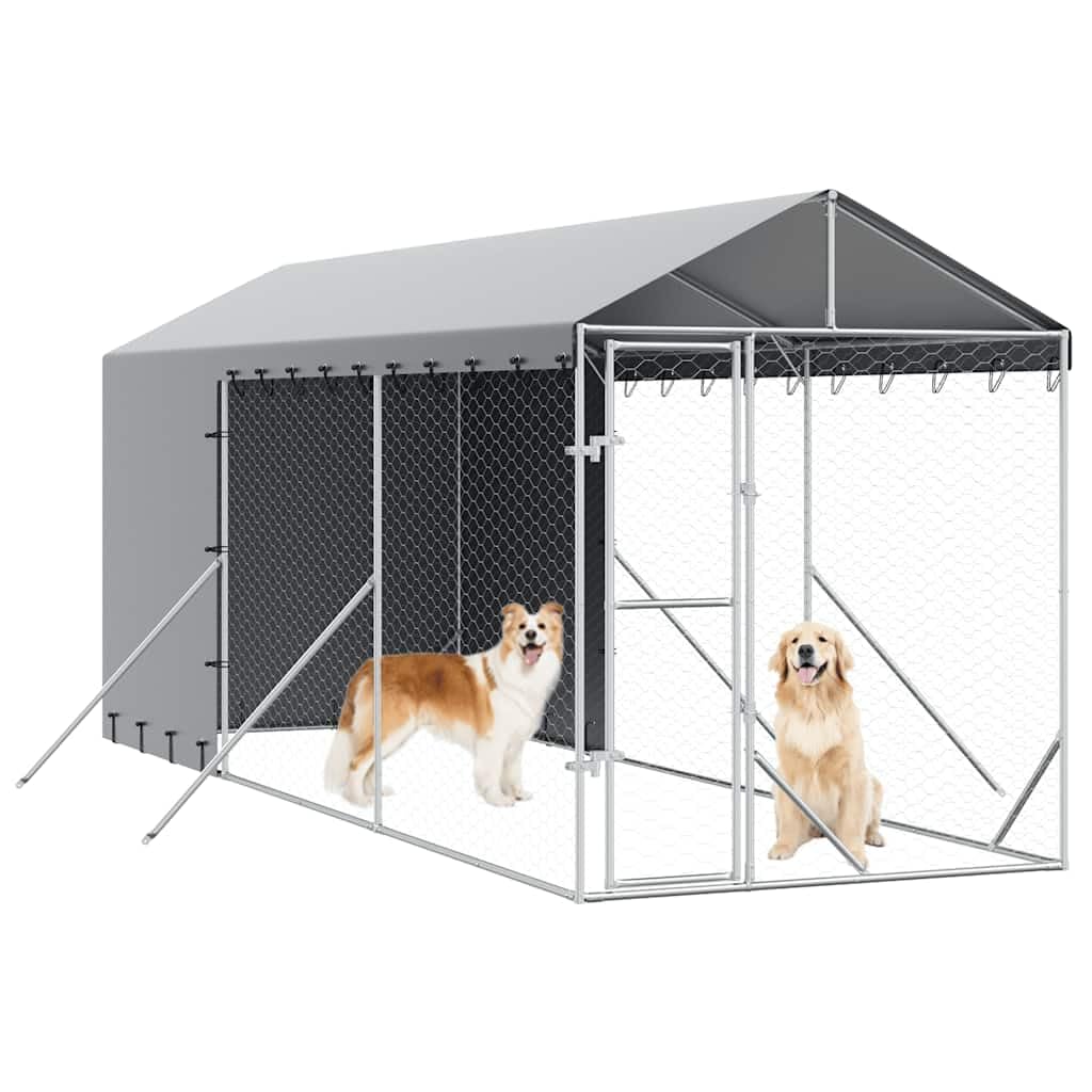 Perrera para perros al aire libre con techo plateado de acero galvanizado 2 x 6 x 2,5 m con puerta con cierre para perros, cachorros, animales pequeños, jardín, terraza, protección y seguridad