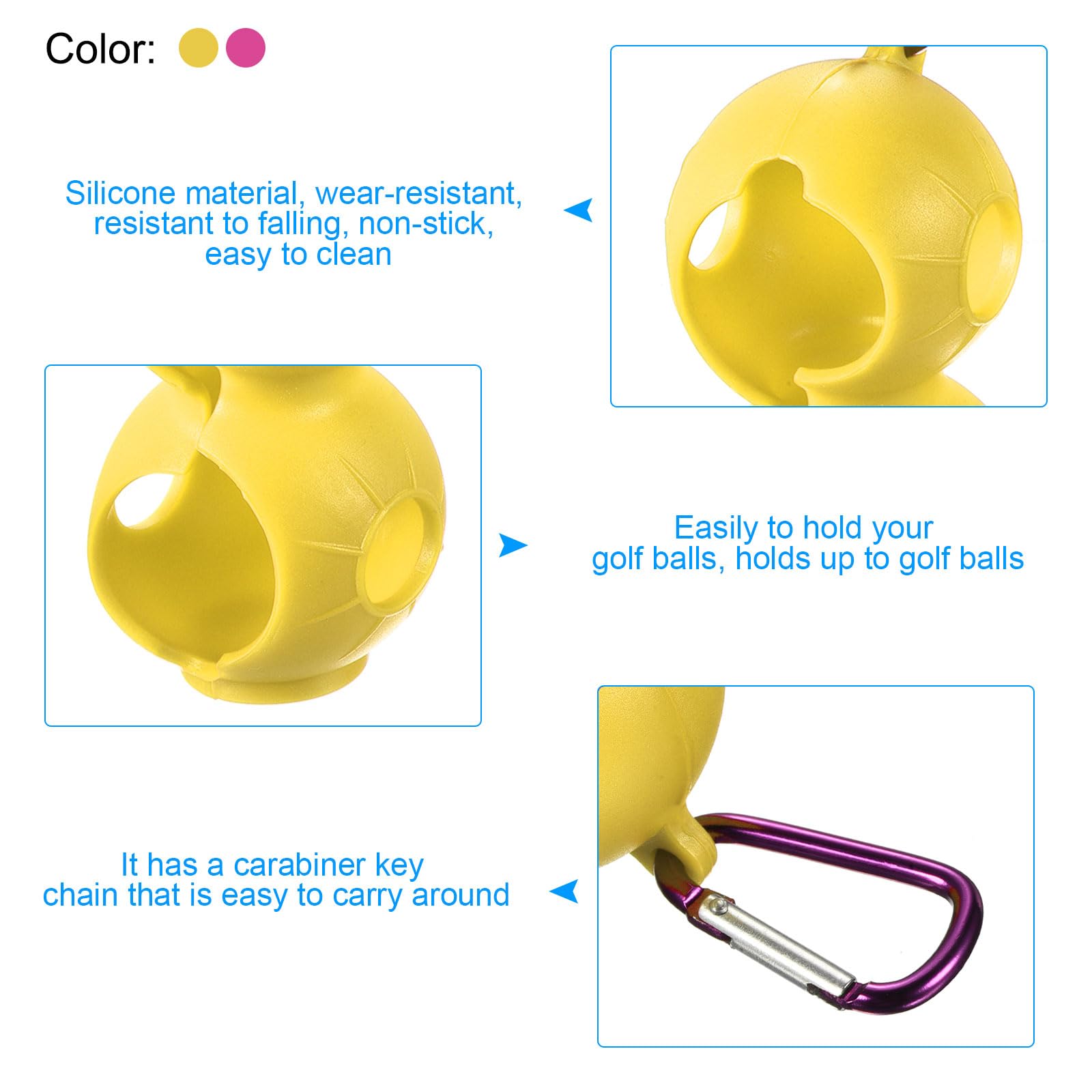 PATIKIL Golf Ball Holder, 2 Pack Silicone 2 Balls Carrier Protective Portable Sleeve with Buckle for Golf Bag Belt Yellow, Rose Red - Image 3