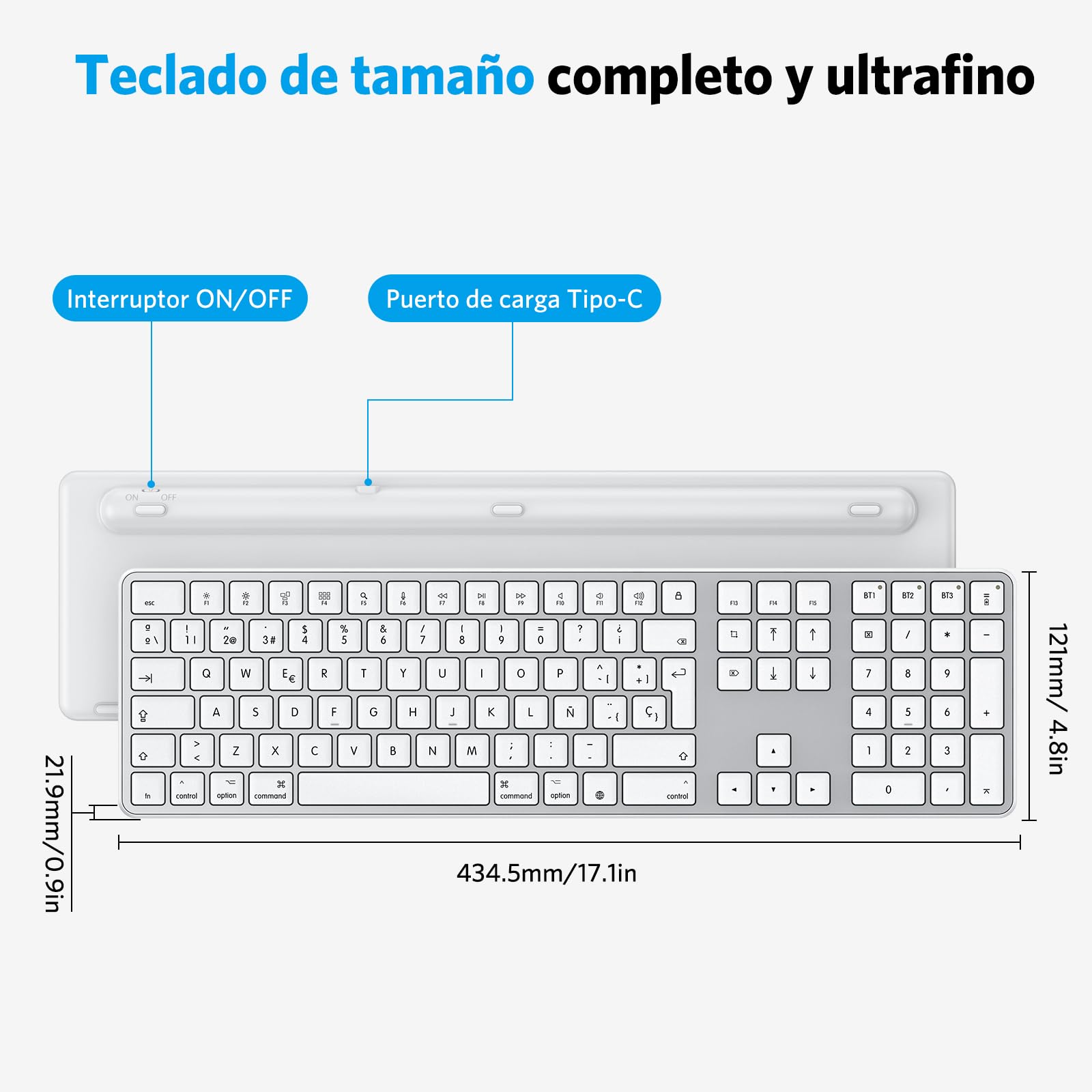 OMOTON Tastiera wireless Bluetooth per Mac, compatibile con MacBook Pro/Air, iMac/Mac Mini/Pro, ricaricabile e con 3 canali Bluetooth, distribuzione spagnola (argento)