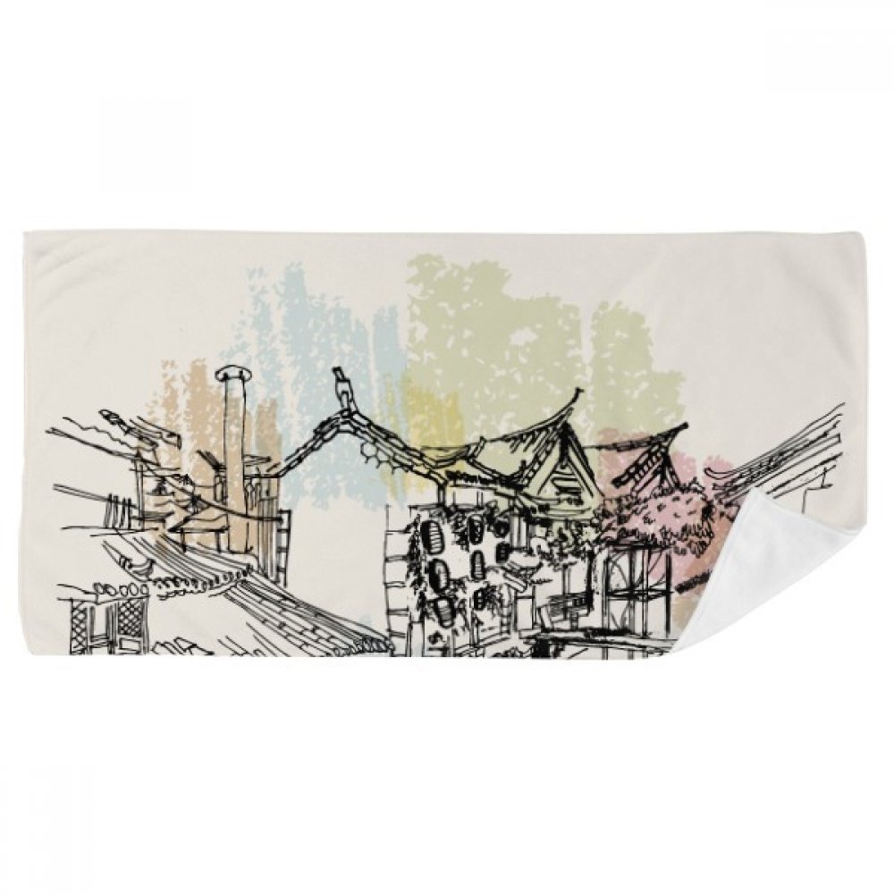 Serviette de bain douce motif temple Li Jiang Chine 35x70cm multicolore