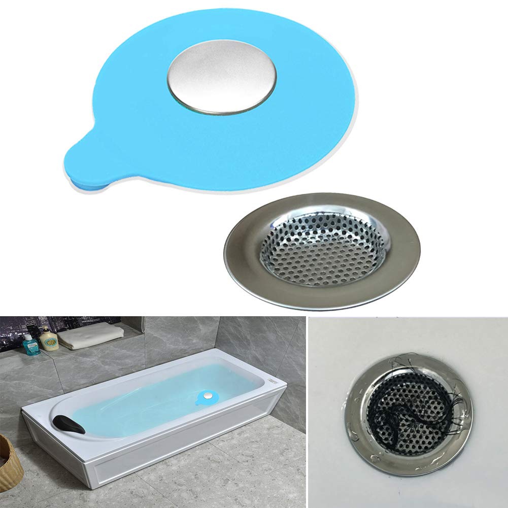 Seatery2PCS Bathtub Stopper Hair Catcher Kit, Bathtub Drain Strainer, Tub Stopper Plug Cover, Sink Filter, Silicone Drain Stopper for Bathroom, Laundry (Blue)