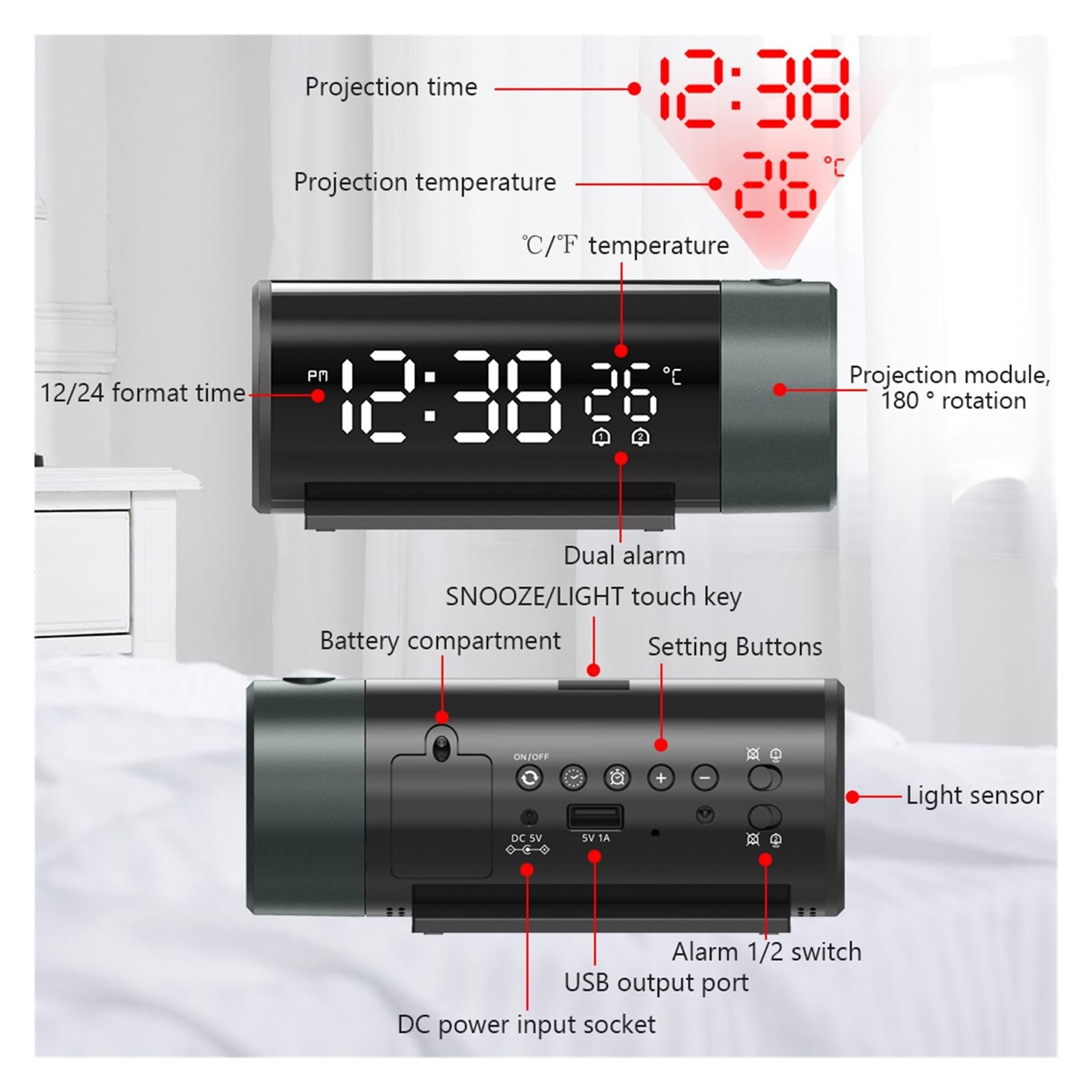 LED Digital Projektion Wecker Uhr Tisch Elektronische Desktop Uhren USB Wake Up Zeit Projektor Snooze Funktion Klare Projektion