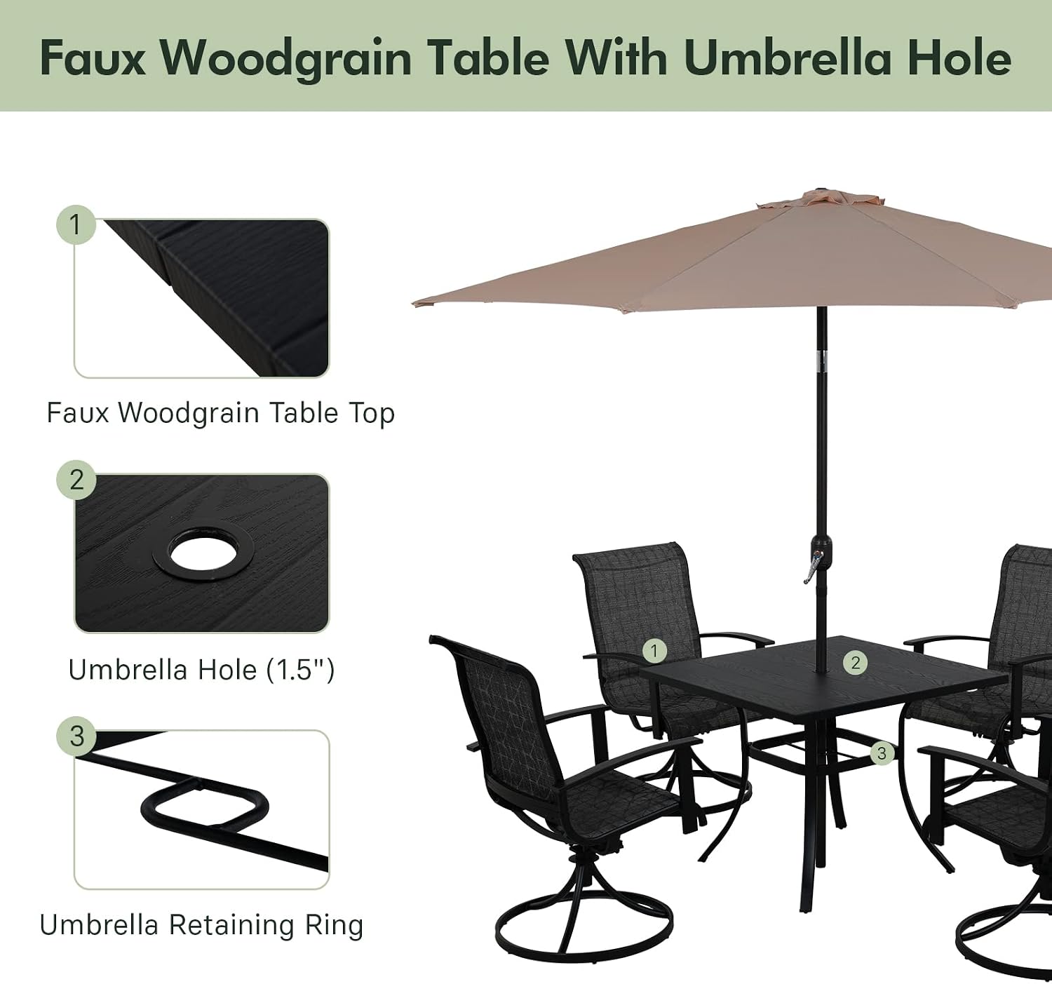 Grand patio Outdoor Dining Set of 5, Outdoor Table and Chairs Set, 4 Padded Mesh Sling Swivel Rocker Patio Chair & 36'' x36'' Square Dining Table(1.5'' Umbrella Hole), Black & Grey Plaid