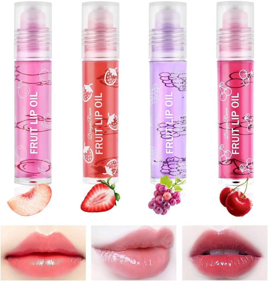4 Pcs Hydrating Oil Set, Fruit-Flavored Plumping for Dry Lips, Long Lasting Glow Balm Care, Transparent Moisturizing No-Sticky Gloss (Peaches, Strawberry, Grape, Cherry)