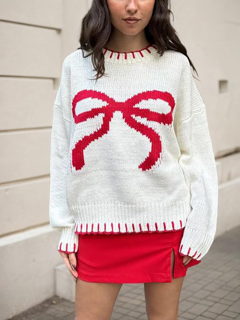 Sumleno Women's Y2K Bow Knit Sweater Cute Aesthetic Clothes Crewneck Long Sleeve Knitted Pullover Top Baggy Knitwear - Image 7