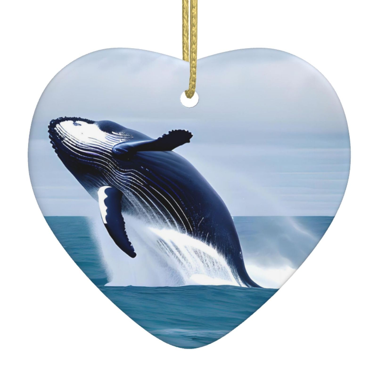 Whales at sea Ceramic Christmas Heart Pendant with Silk Thread, Christmas Tree Home Decoration