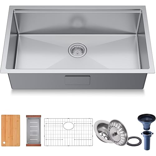 32-Inch Kitchen Sink Handmade Undermount 304 Stainless Steel Single Bowl Kitchen Workstation Sink in 10-inch-Depth 32"x19"x10"