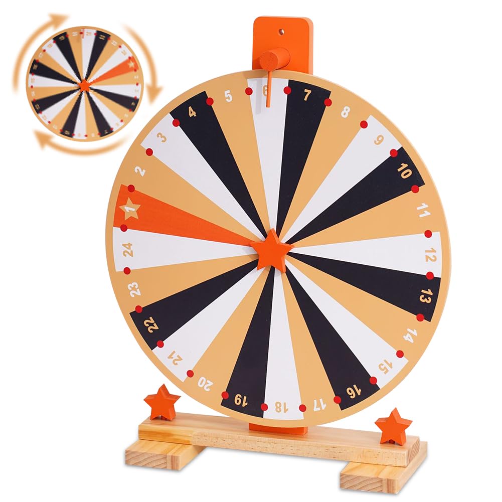 Glücksrad Holz, 37 cm Glücksrad zum Drehen, mit Markierungsstift und Radiergummi, 24 Slots Glücksrad Zum Selbstgestalten, Preisrad-Spinner mit Ständer, für Karneval, Messen, Hochzeit, Party