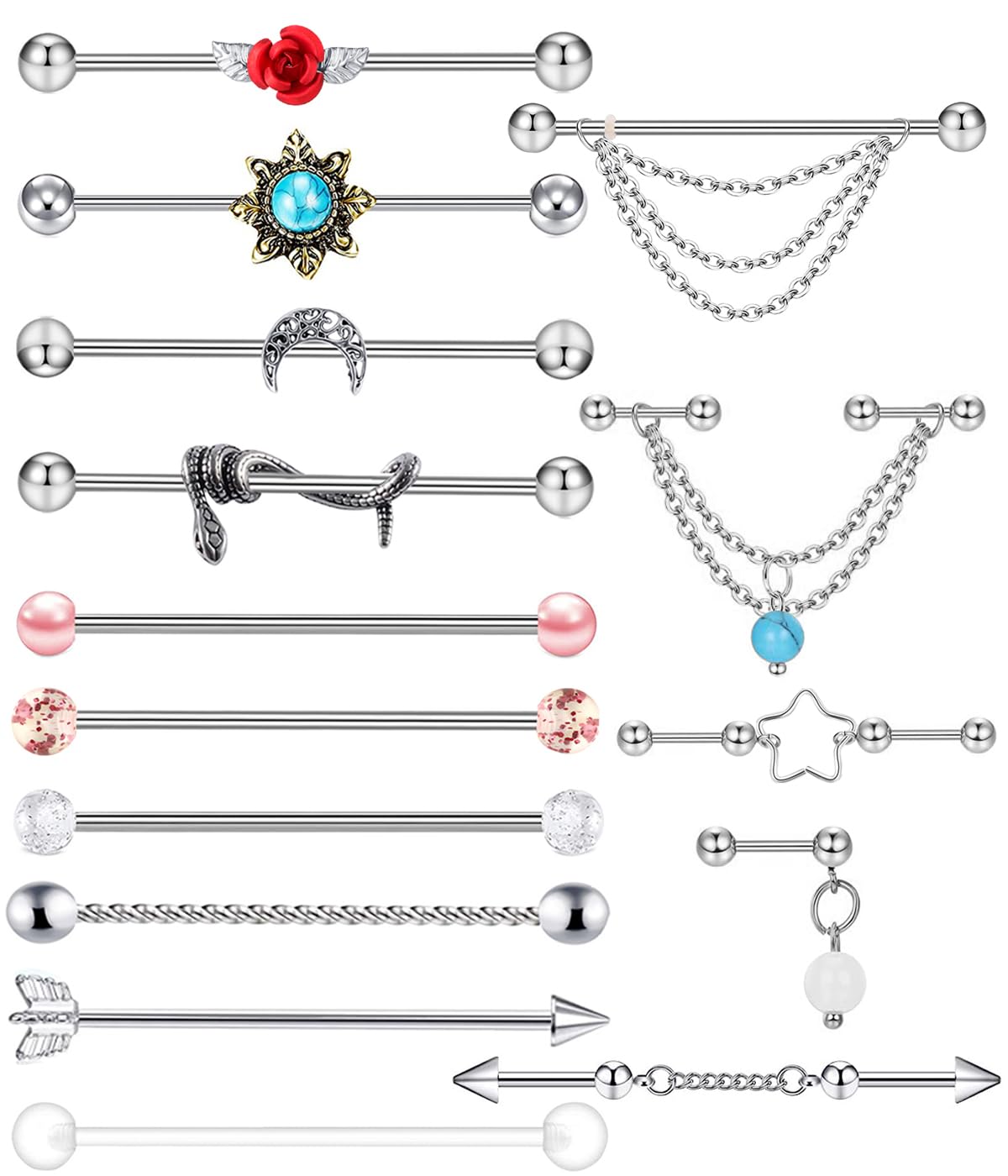 14G Industrial Piercing Jewelry For Women Men Stainless Steel 38 Industrial Barbell Long Cartilage Helix Conch Earrings Stud 14G Gauges Industrial Jewelry Butterfly Heart Cool 7-18pcs