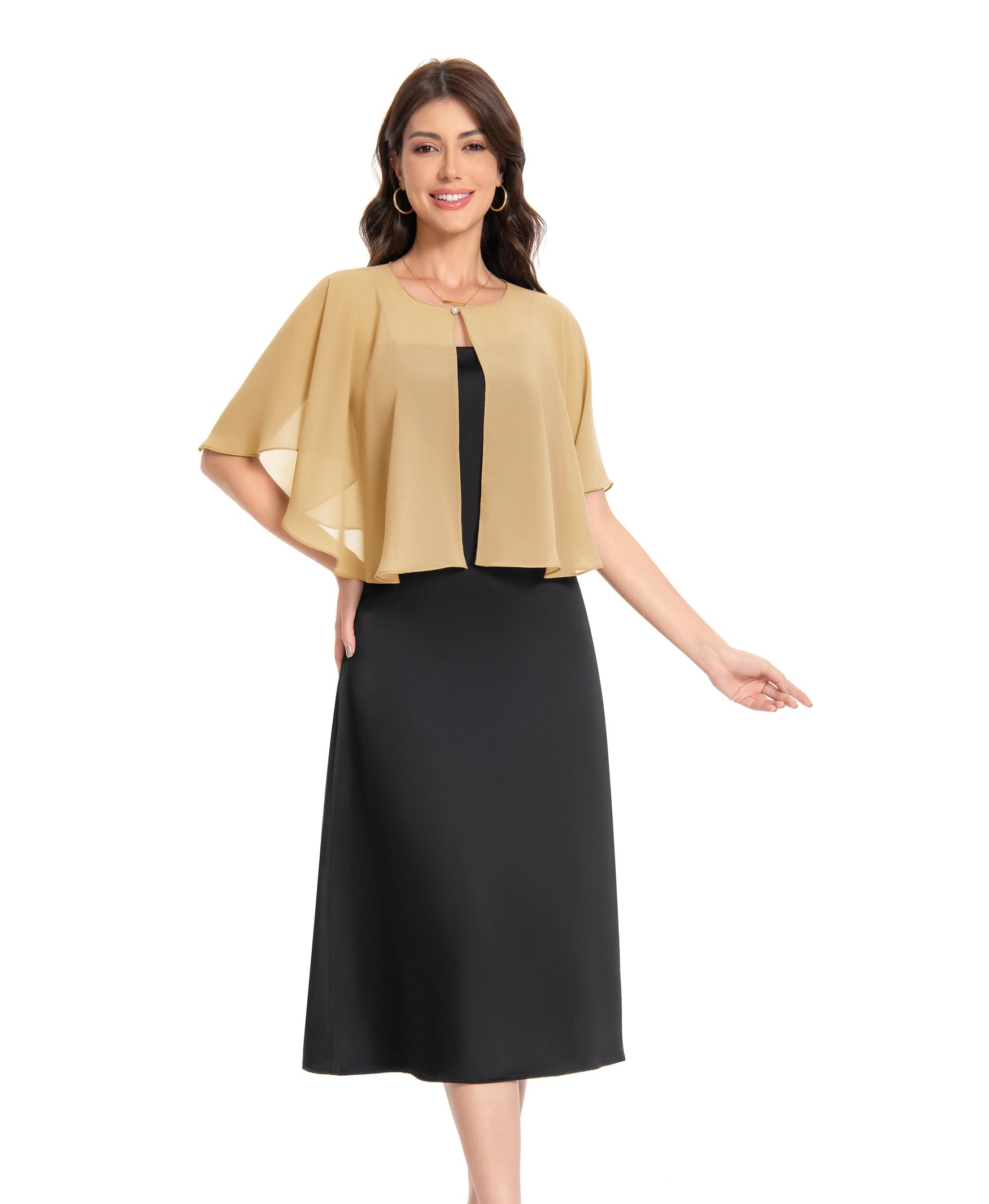 Chiffon Capelet Bridal Capes Soft Shawls and Wraps for Dresses Women Accessories, Gold, One size