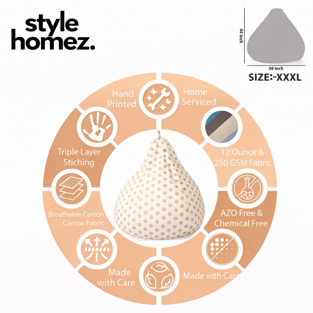 Style Homez Classic Cotton Canvas Polka Dots Printed Bean Bag XXXL Size Cover Only 1