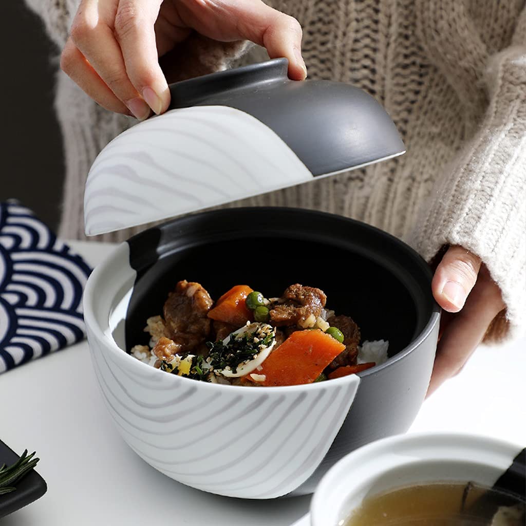 Cuenco De Cerámica con Tapa Cuenco De Ramen Estilo Japonés 4.5 Pulgadas, Cuenco De Sopa De 6.5 Pulgadas (Color : Black+White, Size : 11.5 * 10cm)
