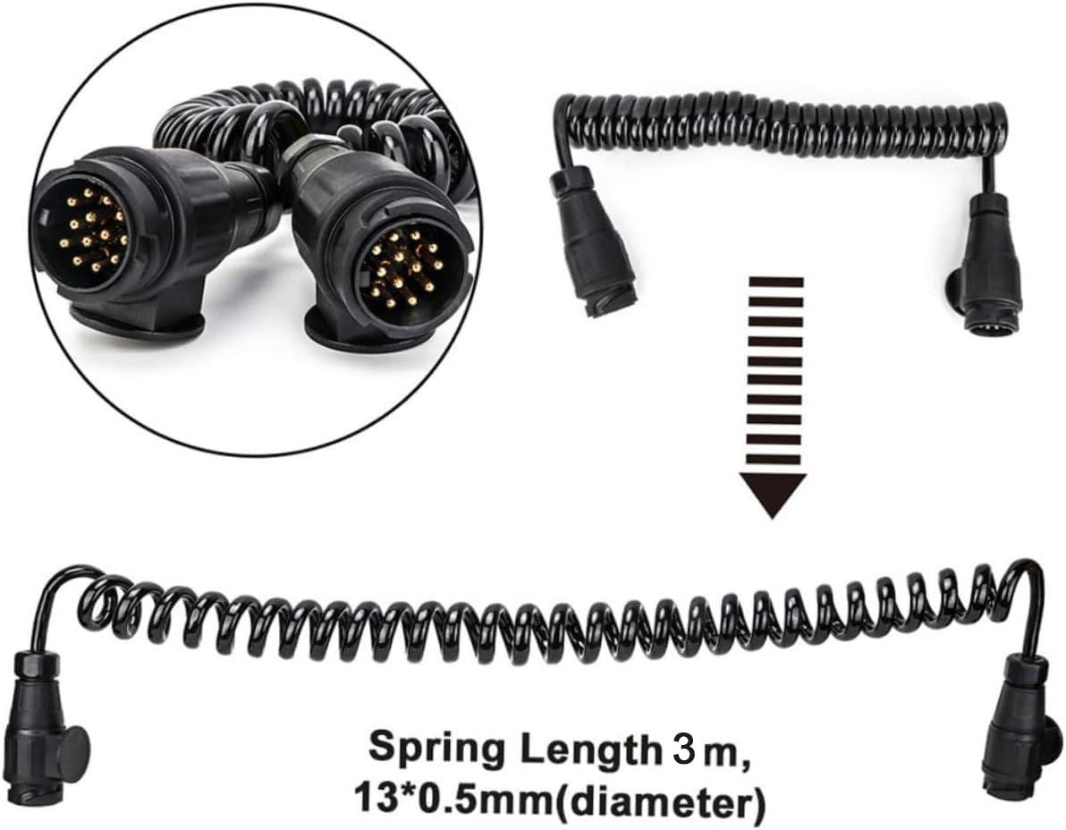 Cavo prolunga rimorchio 13 Poli 3M a Spirale, Cavo rimorchio 13 Poli su Spina rimorchio 13 Poli, connettore rimorchio 13 Poli per Auto Camion Caravan Camper Trattore roulotte