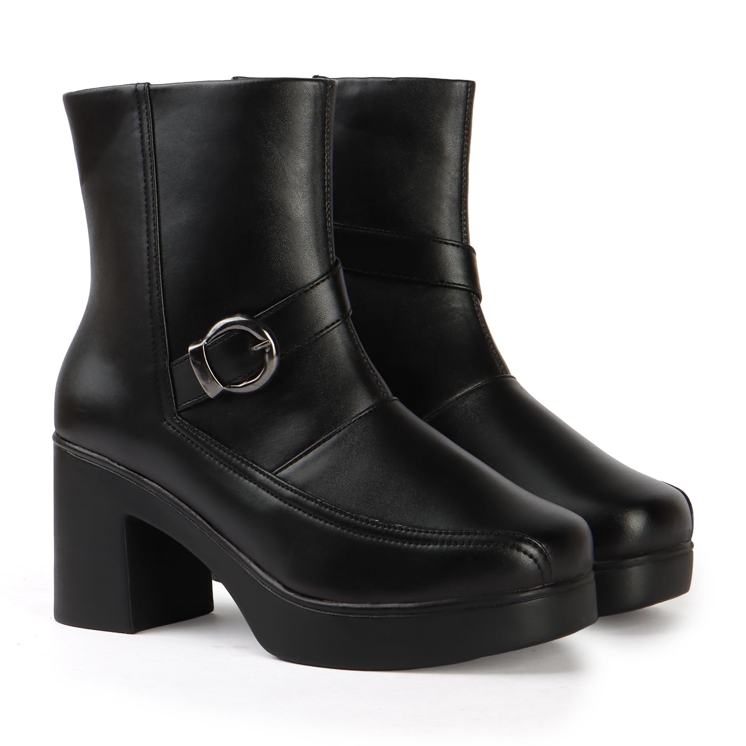 Women’s Black Platform Boots with Round Buckle | Urban Chic Ankle Design-image-21