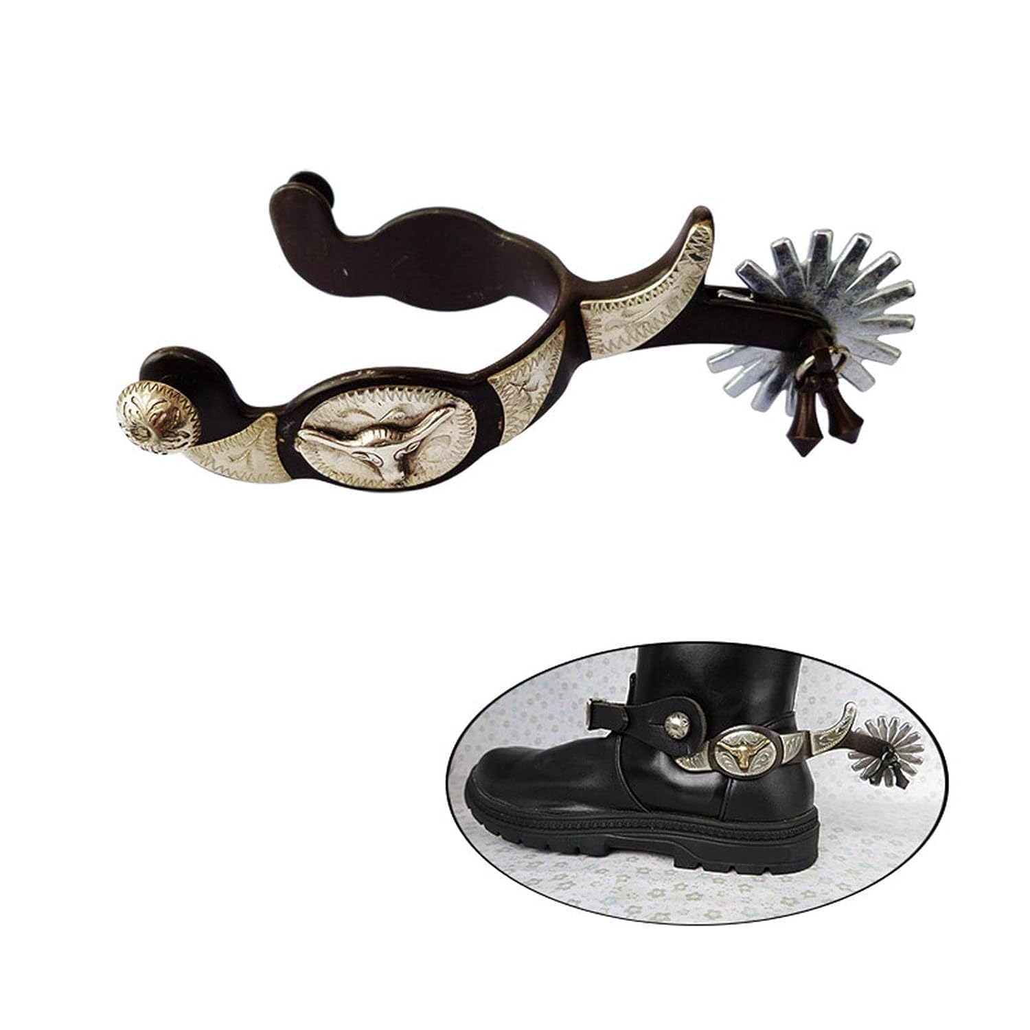 Espuelas de caballo de acero inoxidable para botas ecuestres, decoración de botas de vaquero occidental, para hombres y mujeres, jinetes, color marrón oscuro, para entusiastas de la equitación