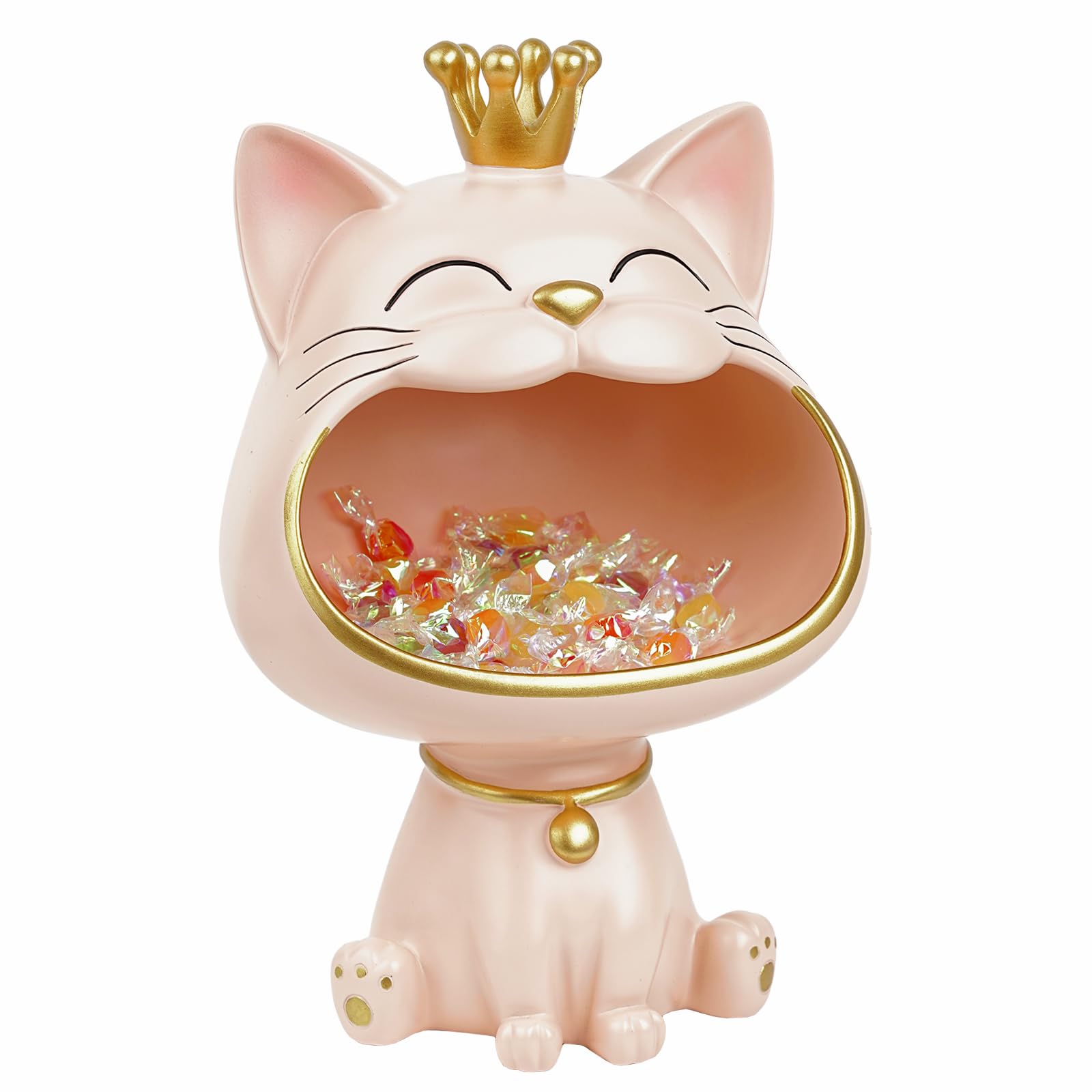 Efugadeng Laughing Cat Statue Figures Storage Box, Cat Jewellery Key Storage Box, Jewellery Tray, Large Cat Sculpture Statue, Suitable for Home, Office Decoration (Light Pink, L)