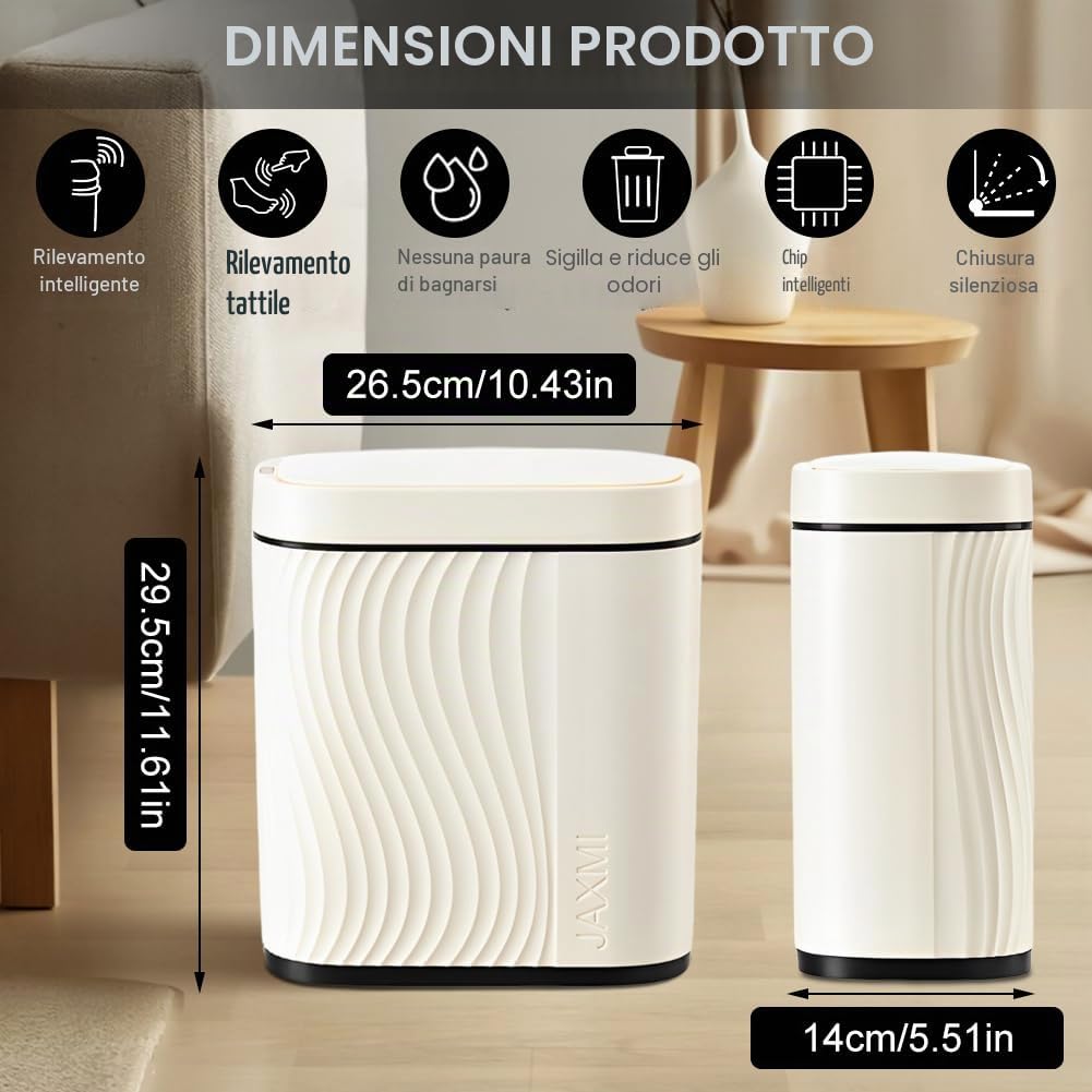 Pattumiera da Bagno con Sensore e Tecnologia Sensore, Senza Contatto e Impermeabile, per Ufficio e Bagno, Pattumiera con Coperchio e Funzione Anti-Rumore (Bianco, 8L)