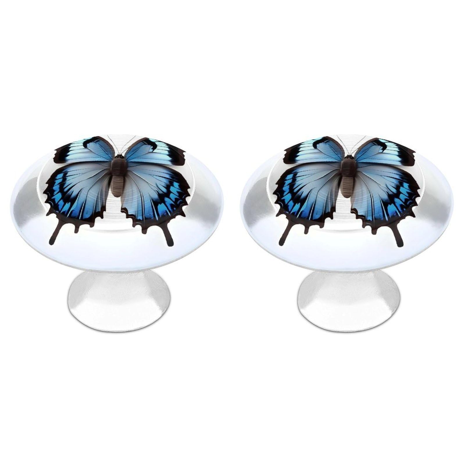 QMNLKH Blue Butterfly Cabinet Knobs for Home, Round Drawer Pulls for Kitchen, Personalized Cupboard Handles with Screw, Fashion Dresser Knobs for Office, Drawer Handles, 2 Packs