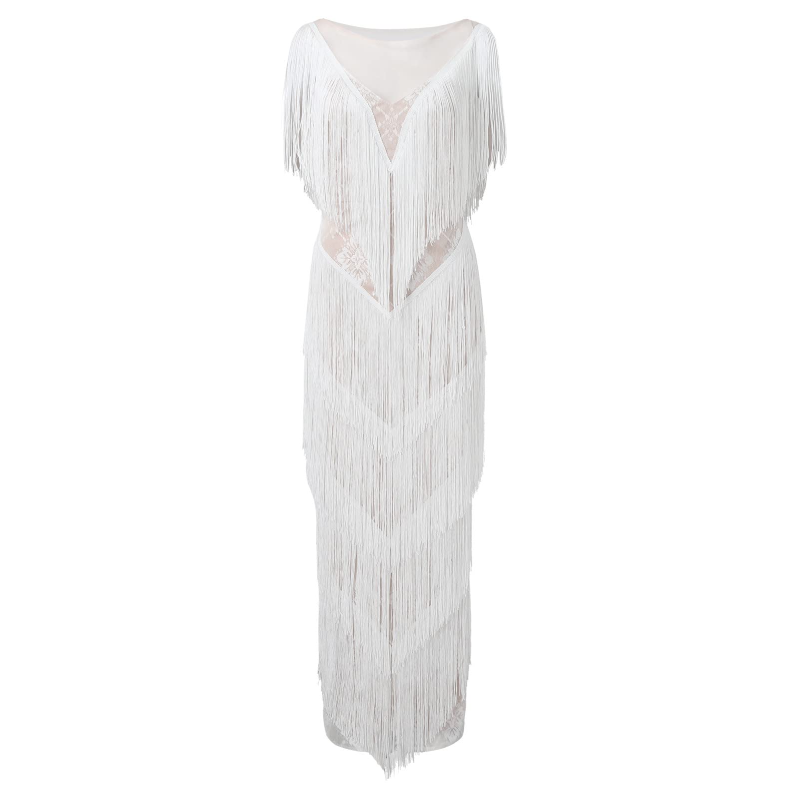 Fransenkleid Damen Weiß, Abendkleid Kurze Pailletten, Ballkleid Ärmelloses Quaste Maxikleid Einfarbig Tiefer V-Ausschnitt Glitzerkleid Kleid Sexy Tanzkleid Club Kleider Partykleid Cocktailkleid