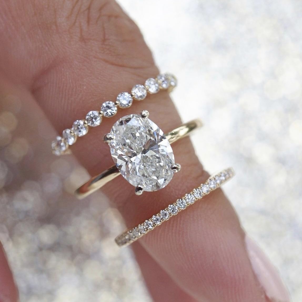 Dainty Oval Cubic Zirconia Engagement Ring Sets Bridal Wedding Simulated Diamond Promise Rings Fashion 3 Piece Wedding Band Ring Exquisite Bridal Jewelry Gold Plated Ring Set for Women Sizes 8