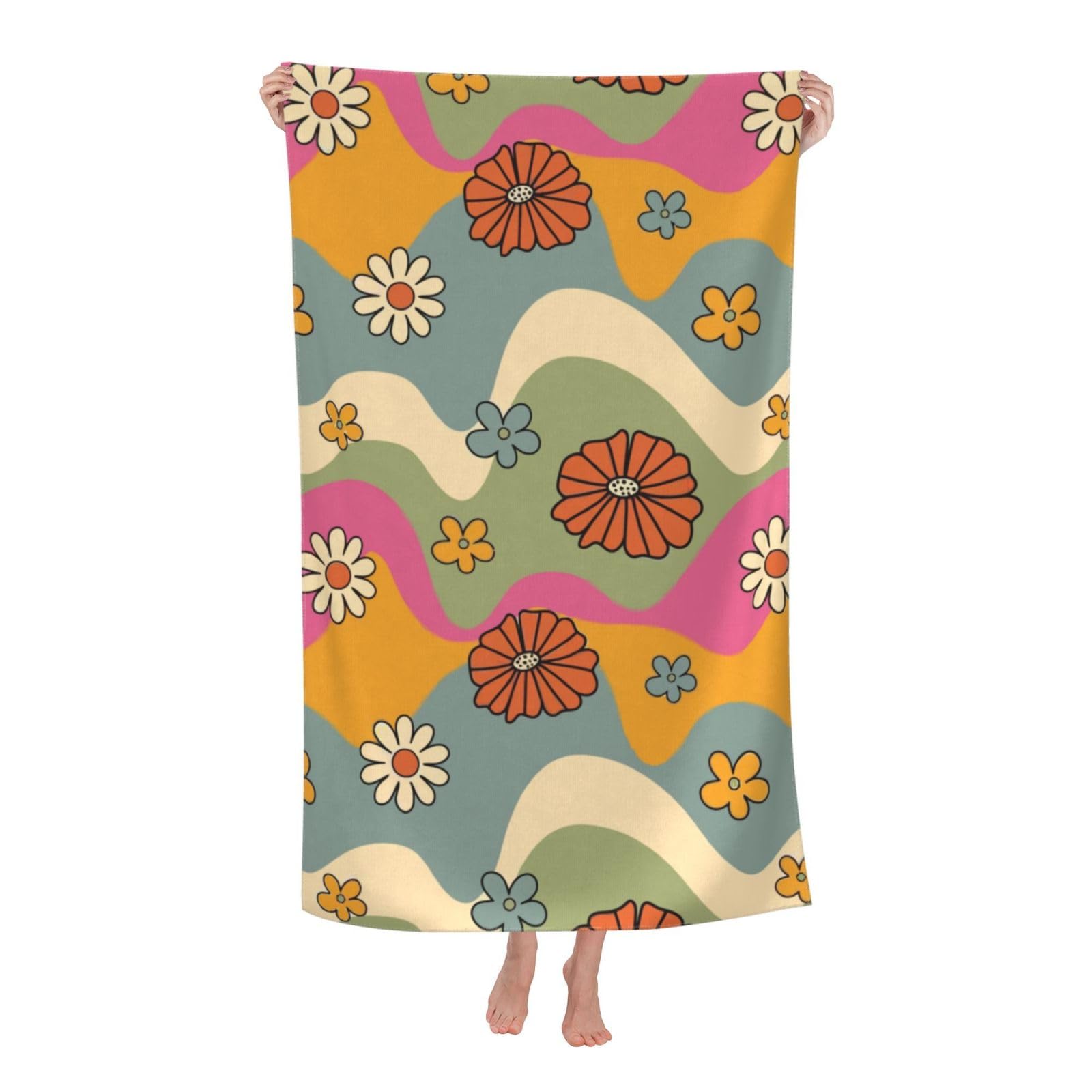 HKHEHOP Retro Groovy Vintage Flower Beach Towel Quick Dry Microfiber Bath Towels for Bathroom Soft Sand Free Beach Towels Summer Essentials Travel