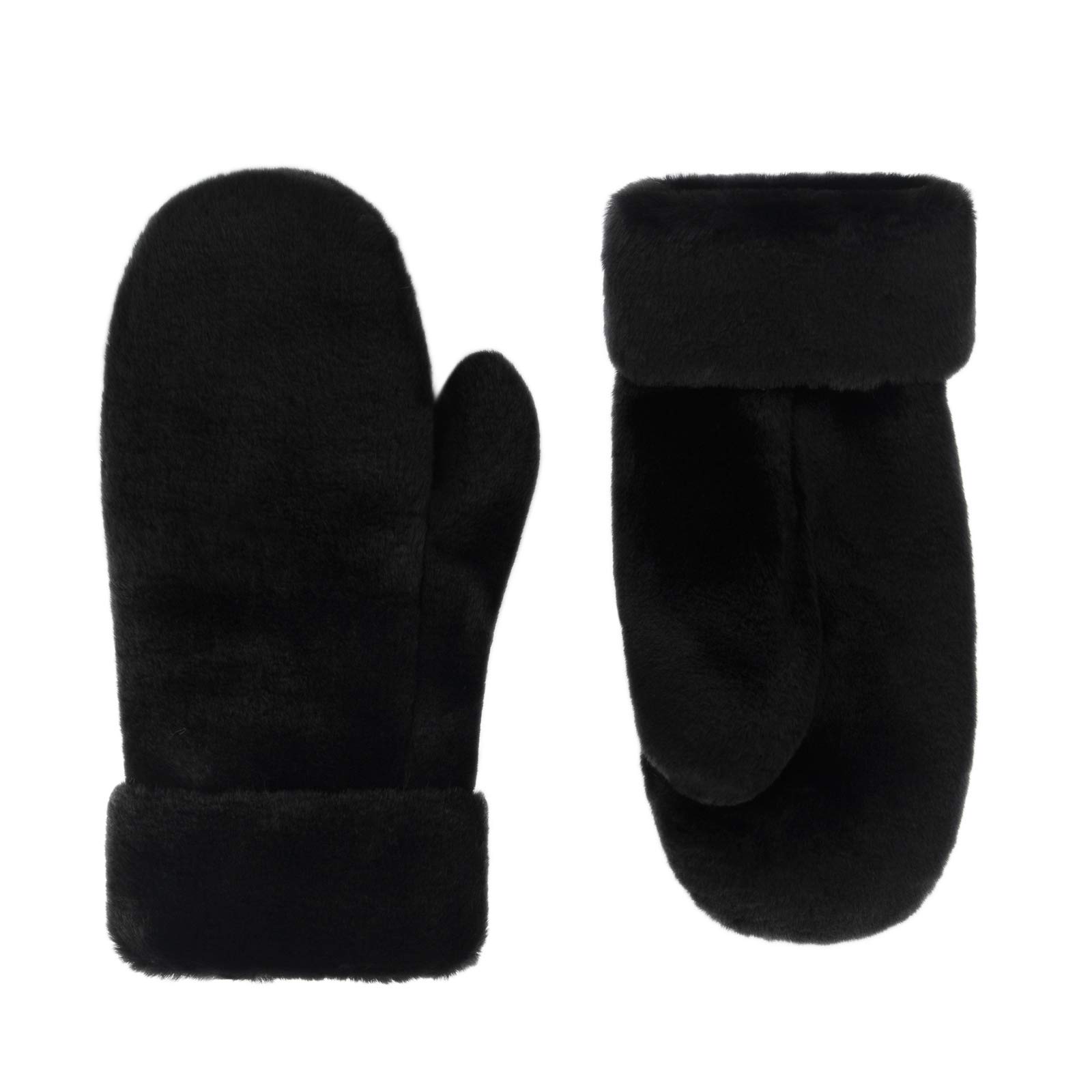 Futrzane Modern Gloves - Womens Faux Fur Lined Mittens - Fluffy Ladies Gloves (Black Short Modern)