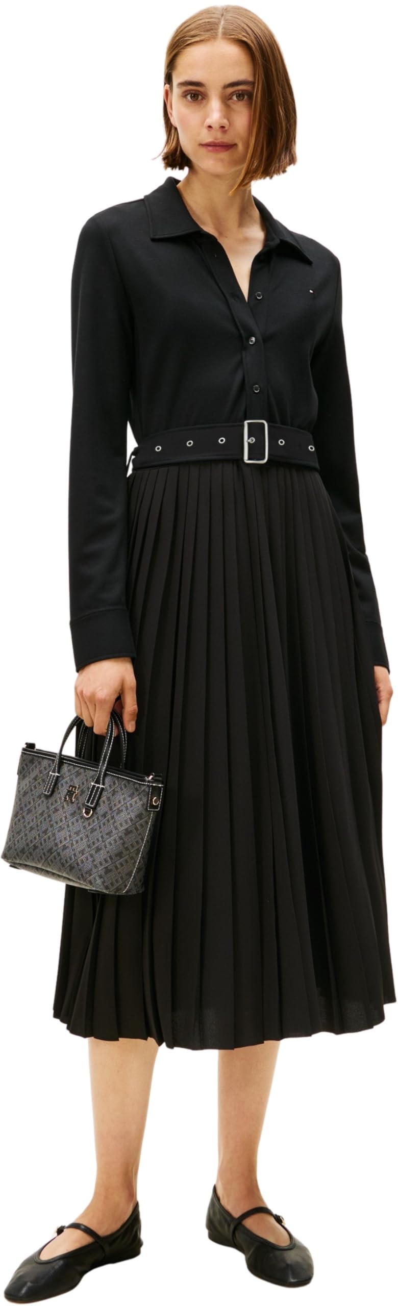 Tommy Hilfiger Women’s Interlock Mix Media Polo Dress with Waist Belt, Black (Black), XXL