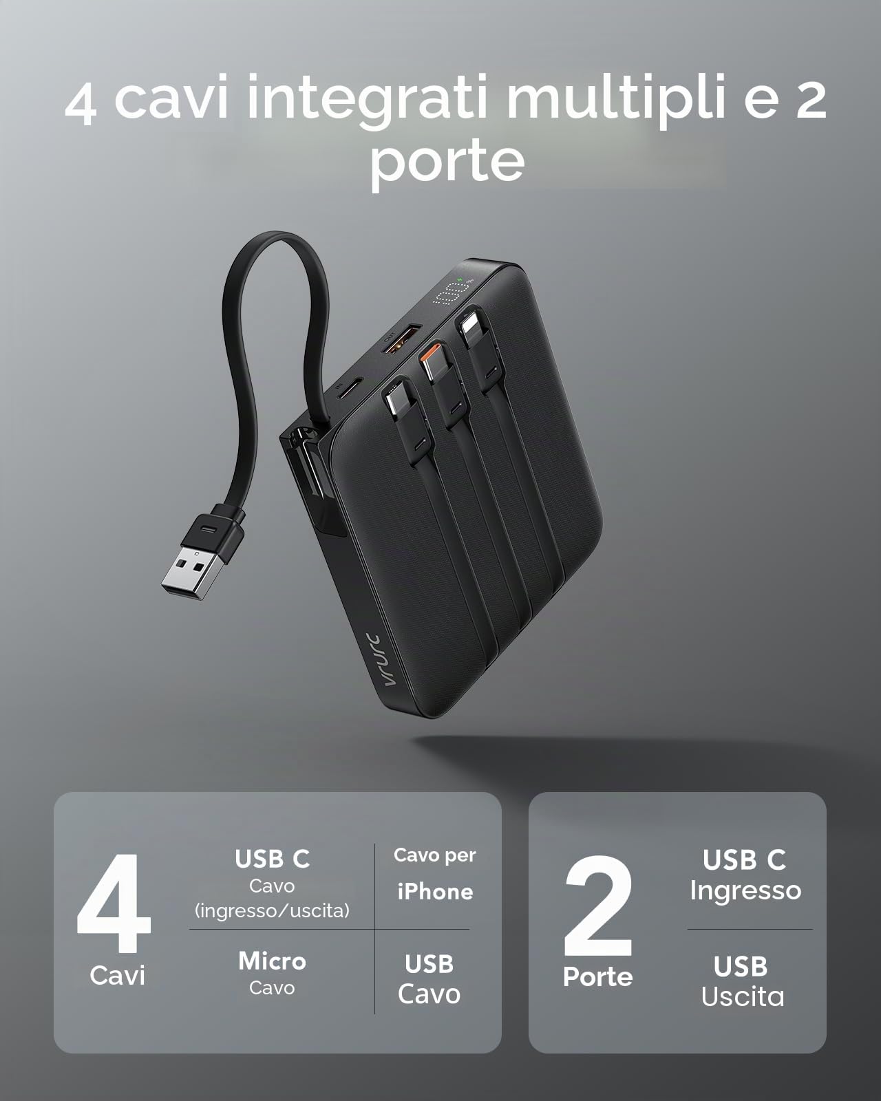 VRURC Power Bank con cavo di ricarica rapida USB C Power Bank