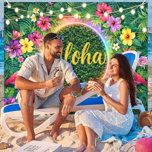 BlissYard Aloha Tropical Beach Backdrop Flamingo Luau Party Decoration Banner 8x6FT Hawaiian Theme Photo Booth Background Summer Birthday Pool Party Indoor Outdoor Event Photography by BlissYard - Image 7
