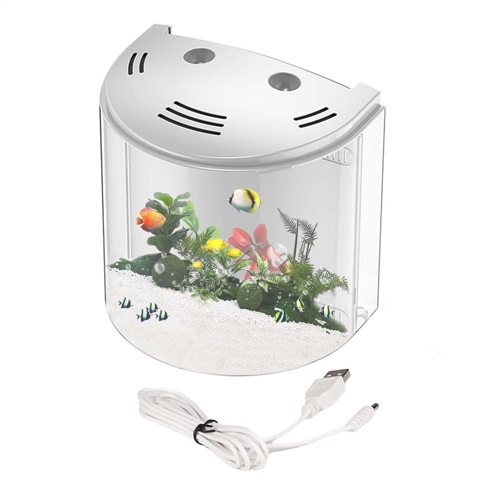 Acuario Betta - Acuario acrílico pequeño, 20 x 14 x 21 cm | depósito transparente abierto de 180 °, filtro de bomba de agua USB de alta definición, luz LED para monos marinos de escrito