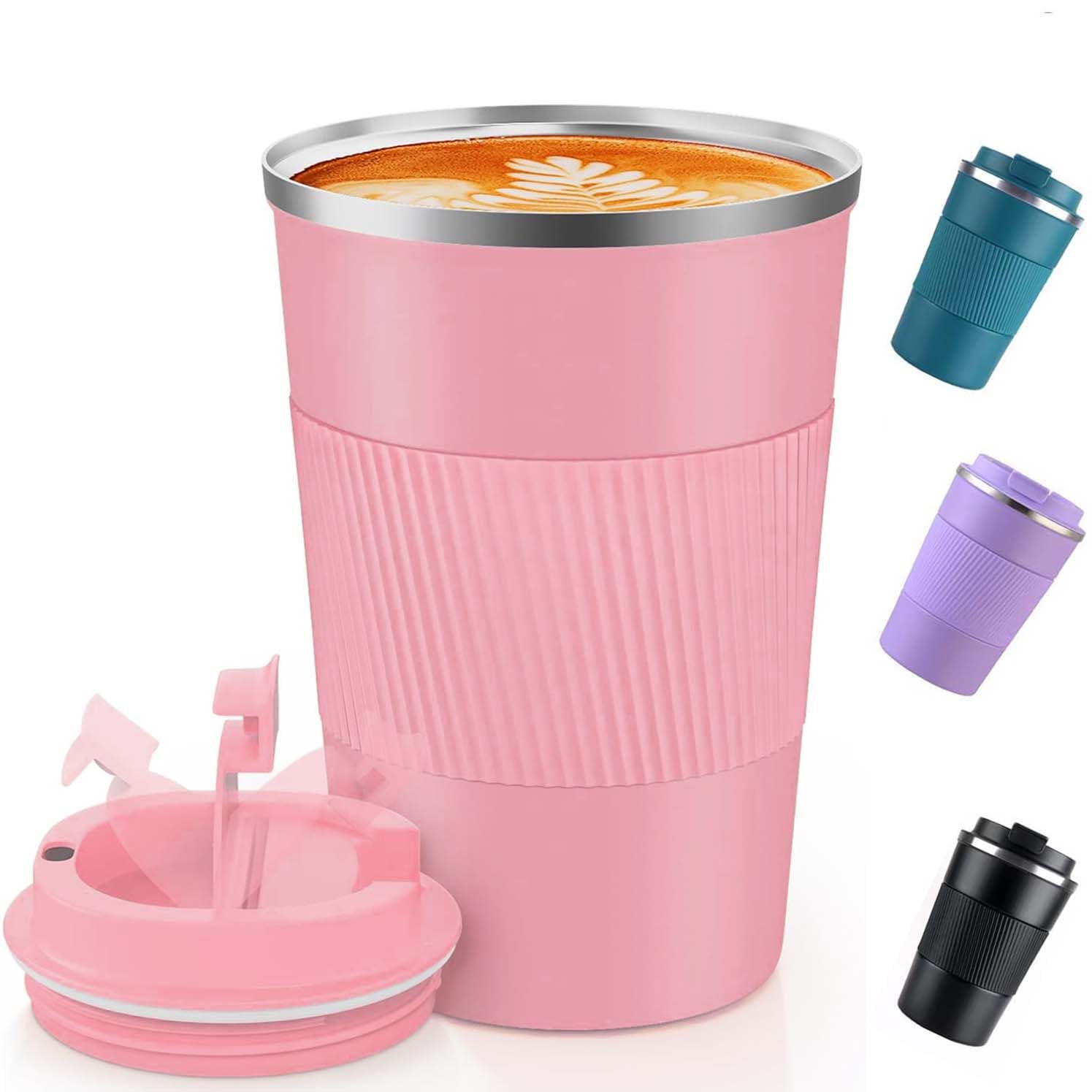 AidShunn Travel Mugs, 380ml Insulated Coffee Cup with Leakproof Lid - Reusable Double Walled Coffee Mug, Stainless Steel Thermal Cup for Hot Cold Drinks, Water and Tea (Pink)