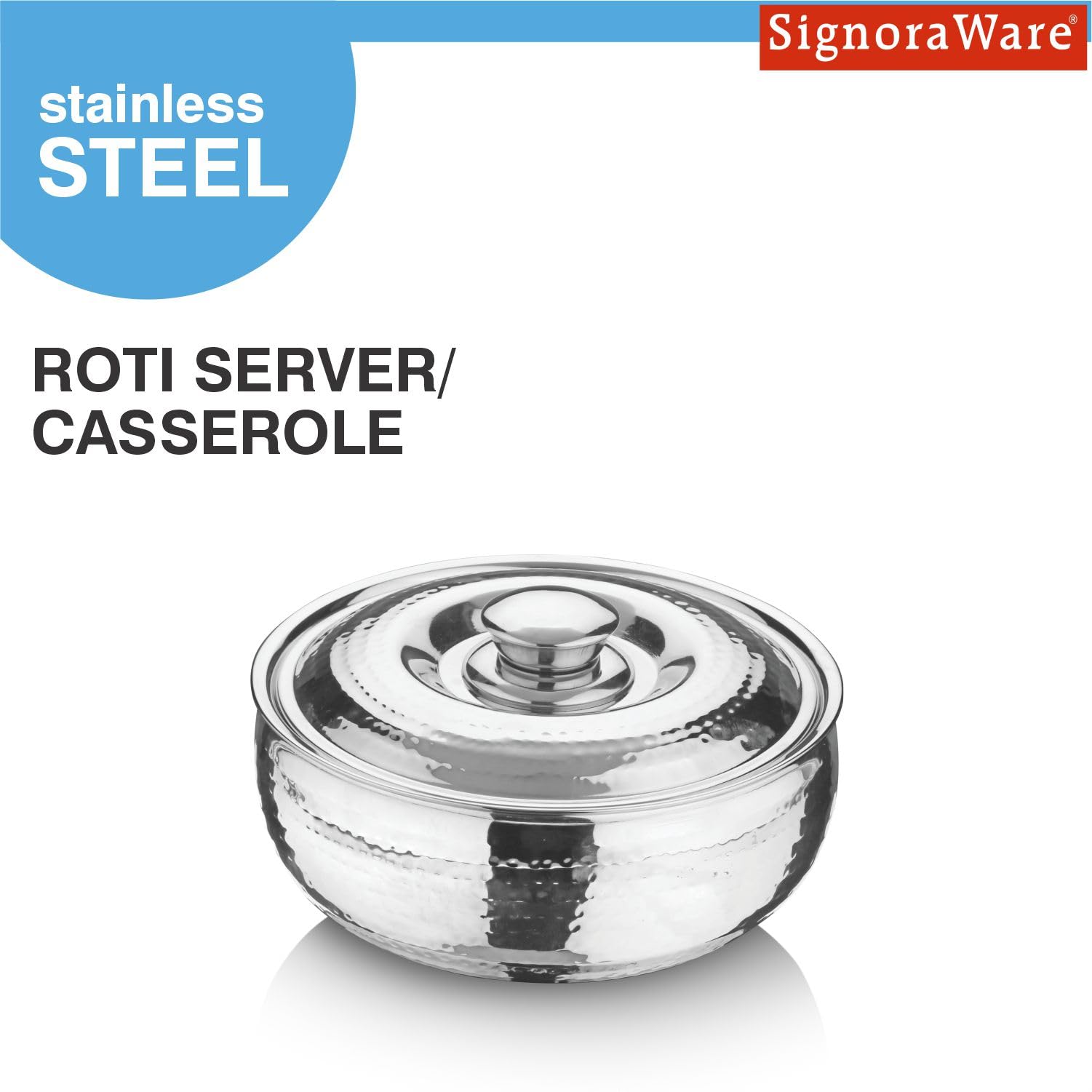 Signoraware Hammered Stainless Steel Casserole | Airtight & Leakproof | Easy-Grip Side Handles | Ideal For Hot Chapattis, Dal, Biryani, Sabzi & Pulao | Great for Family Gatherings (1 Ltr | Steel) 2